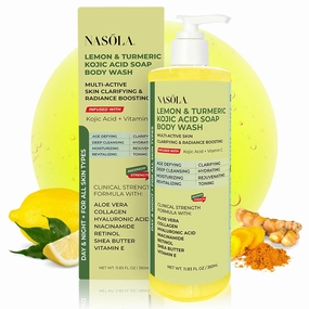 Lemon Turmeric Kojic Acid Soap Body Wash - Natural Gentle Face & Skin Cleanser with Vitamin C, Shea Butter, Collagen, Niacinamide, Hyaluronic Acid, and Aloe Vera - 11.83 Fl Oz