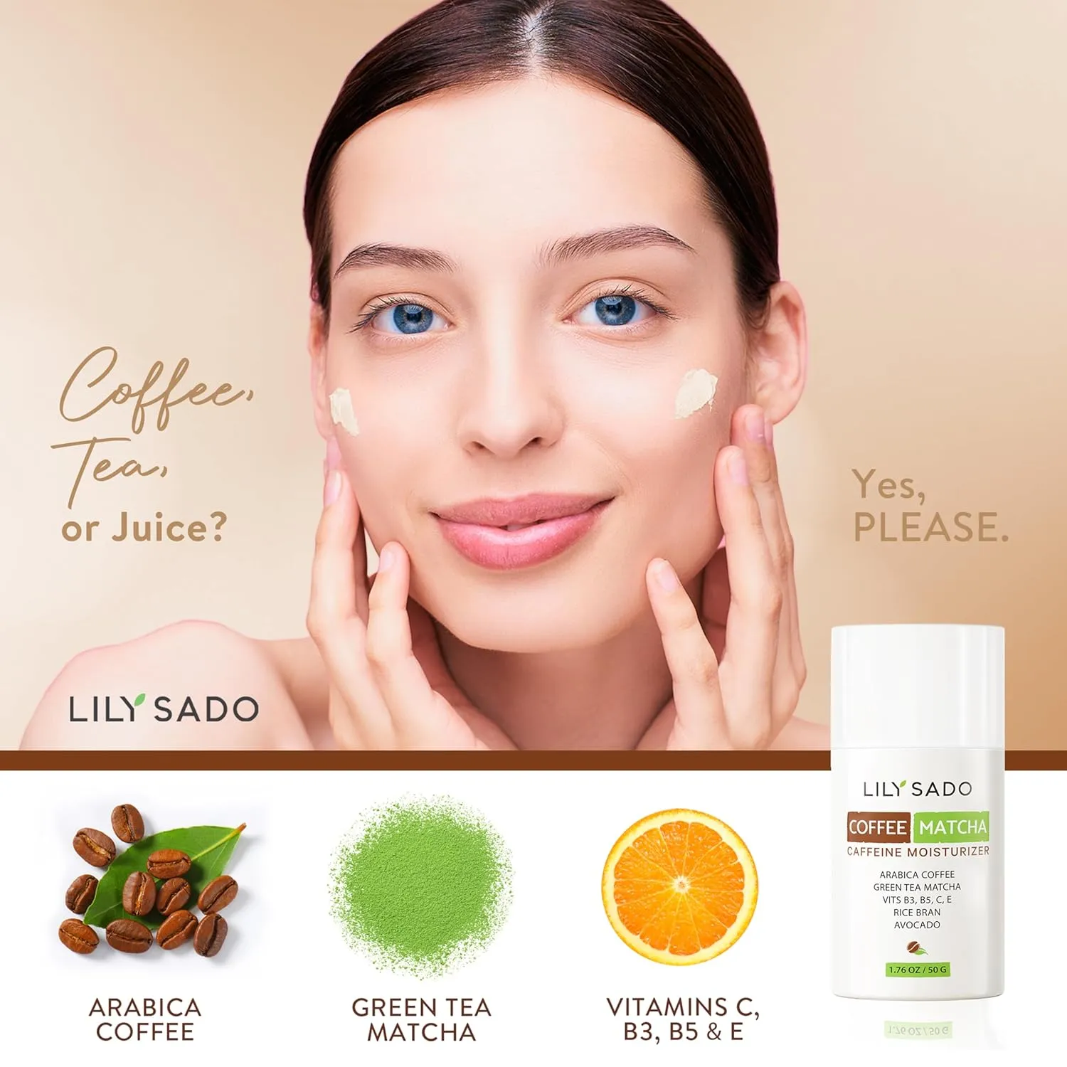 LILY SADO TEA C™ Coffee & Matcha Face Moisturizer - Natural Vegan Caffeine Facial Cream w Green Tea & Arabica Coffee Beans - Best Antioxidant, Anti-Wrinkle Moisturizing Lotion - Softens & Firms