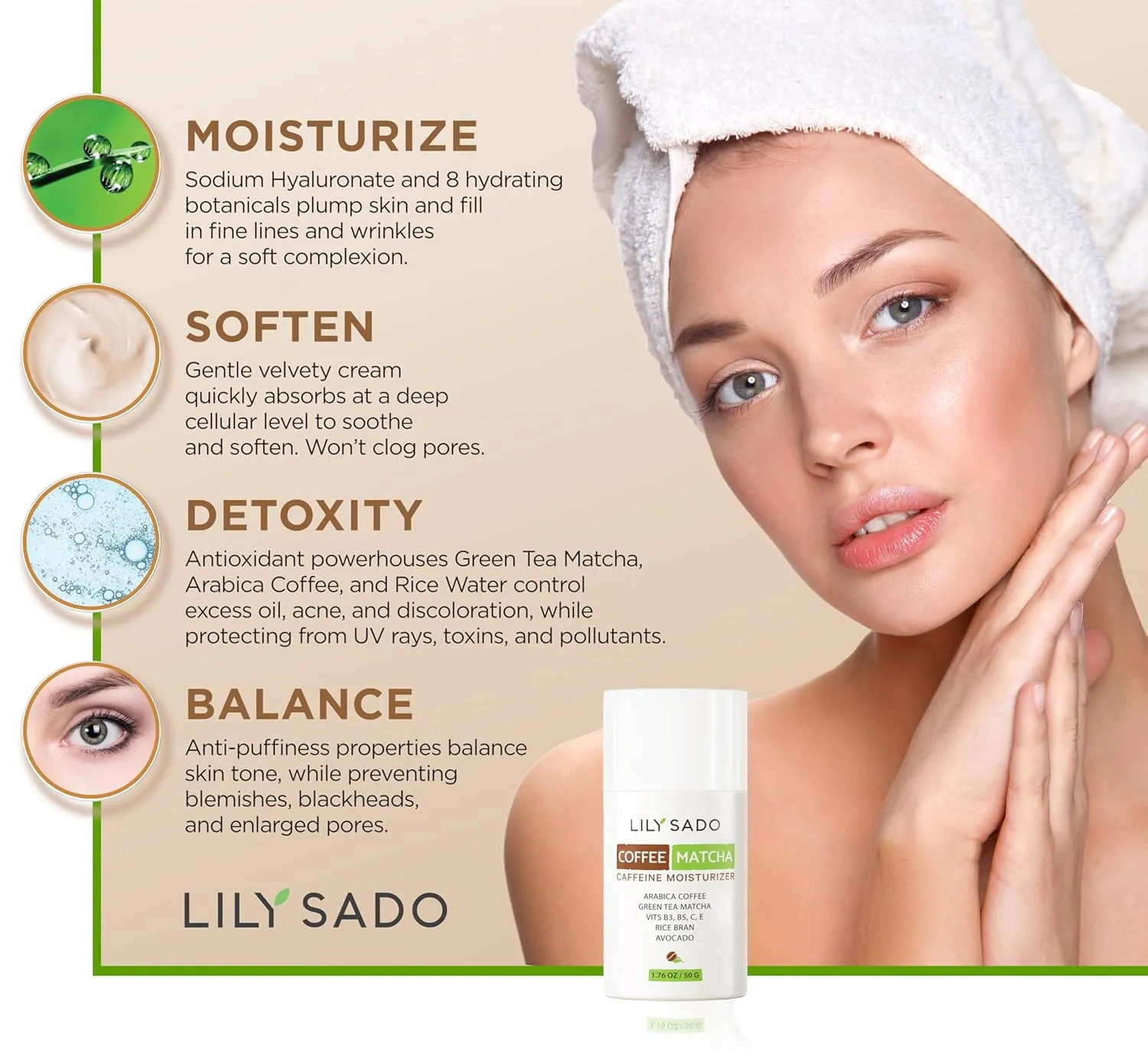 LILY SADO TEA C™ Coffee & Matcha Face Moisturizer - Natural Vegan Caffeine Facial Cream w Green Tea & Arabica Coffee Beans - Best Antioxidant, Anti-Wrinkle Moisturizing Lotion - Softens & Firms