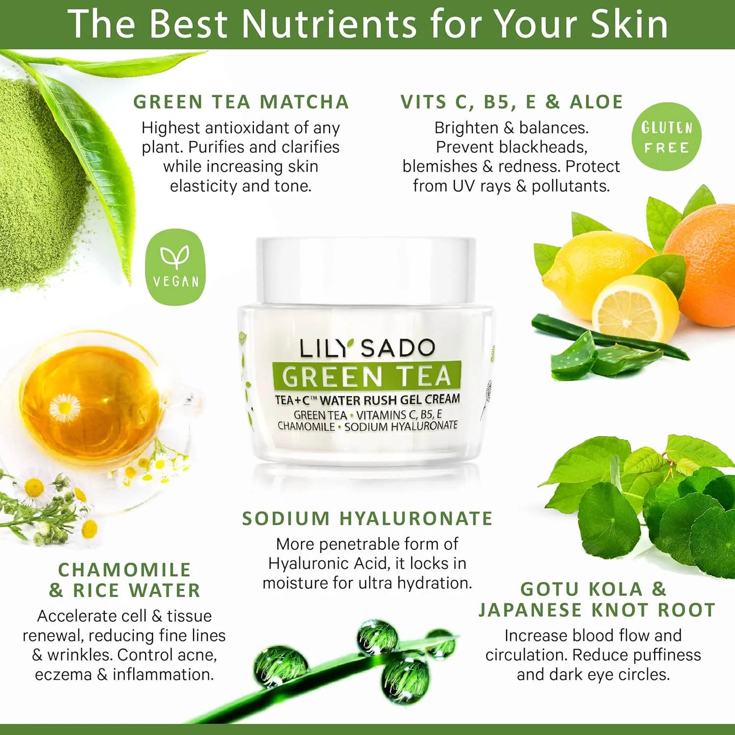 LILY SADO TEA C Green Tea Water Rush Gel Moisturizer - Lightweight Vitamin C Anti-Wrinkle Moisturizing Lotion - Hydrates & Softens for Luscious, Radiant Skin. Perfect for Spring and Summer.