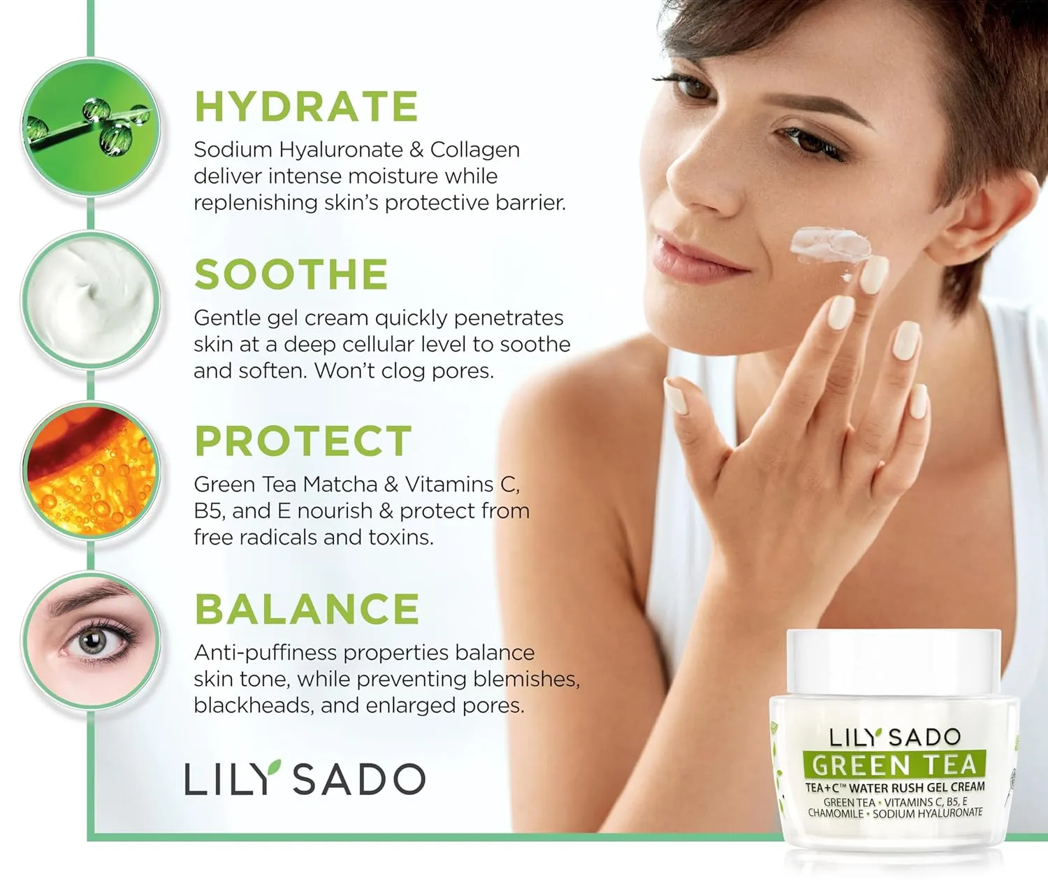 LILY SADO TEA C Green Tea Water Rush Gel Moisturizer - Lightweight Vitamin C Anti-Wrinkle Moisturizing Lotion - Hydrates & Softens for Luscious, Radiant Skin. Perfect for Spring and Summer.