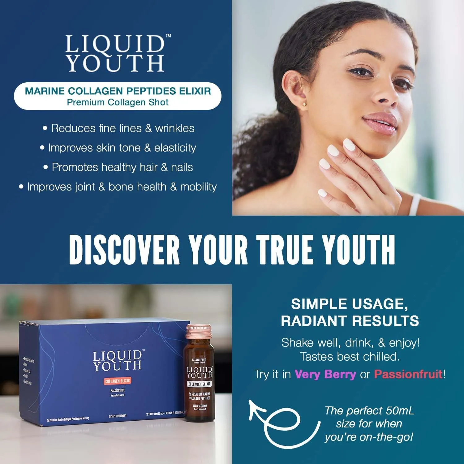 Liquid Collagen Elixir Shot for Women & Men - Premium Liquid Marine Collagen for Hair Growth, Skin, Nail, Bone & Joint Health - Travel-Friendly (Passion Fruit, 10 Servings Per Box)