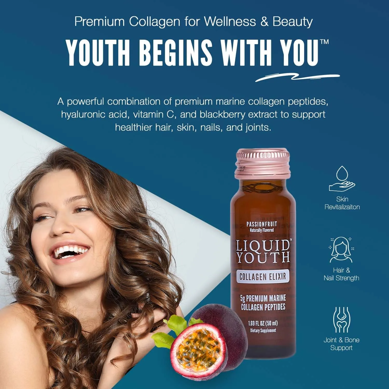 Liquid Collagen Elixir Shot for Women & Men - Premium Liquid Marine Collagen for Hair Growth, Skin, Nail, Bone & Joint Health - Travel-Friendly (Passion Fruit, 10 Servings Per Box)