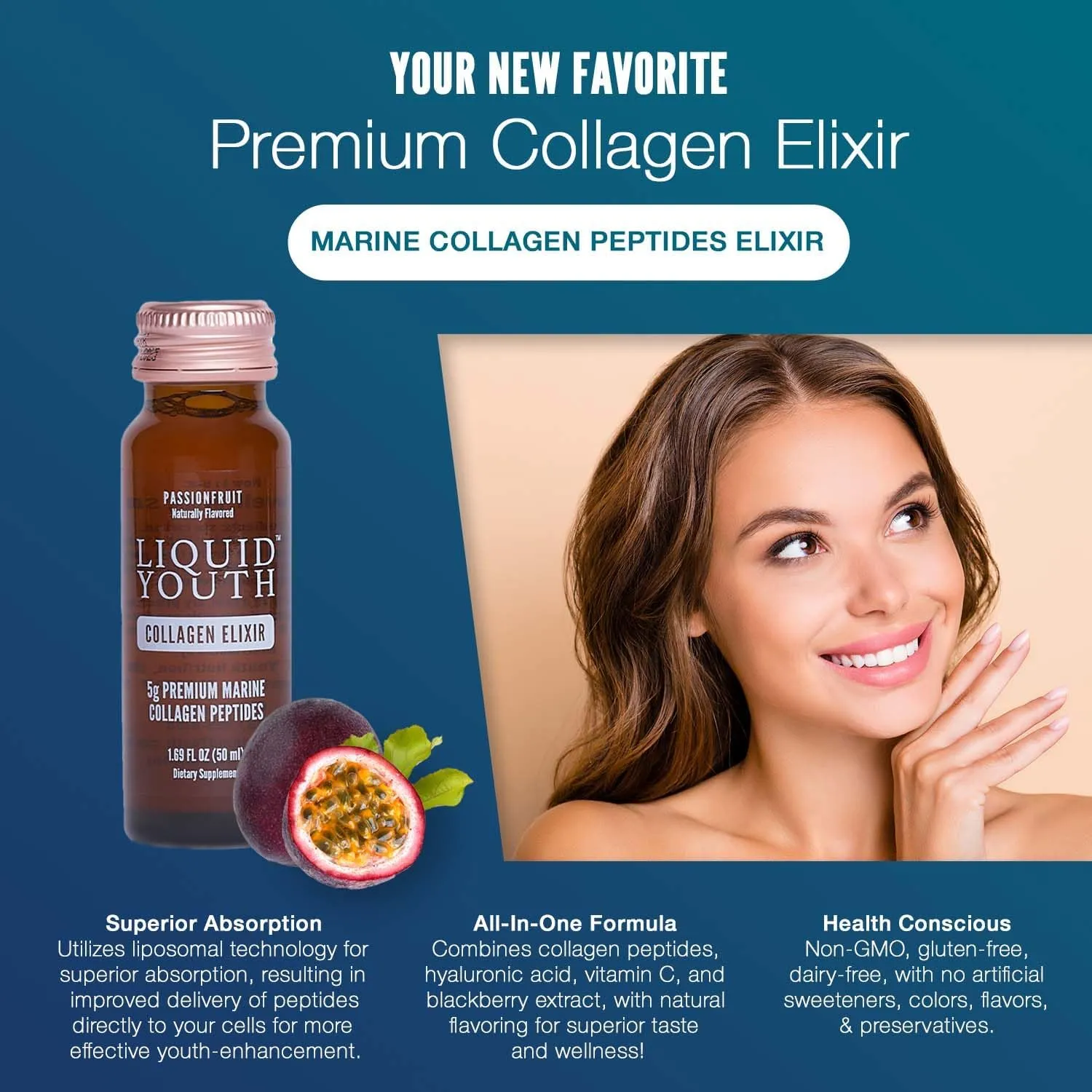 Liquid Collagen Elixir Shot for Women & Men - Premium Liquid Marine Collagen for Hair Growth, Skin, Nail, Bone & Joint Health - Travel-Friendly (Passion Fruit, 10 Servings Per Box)