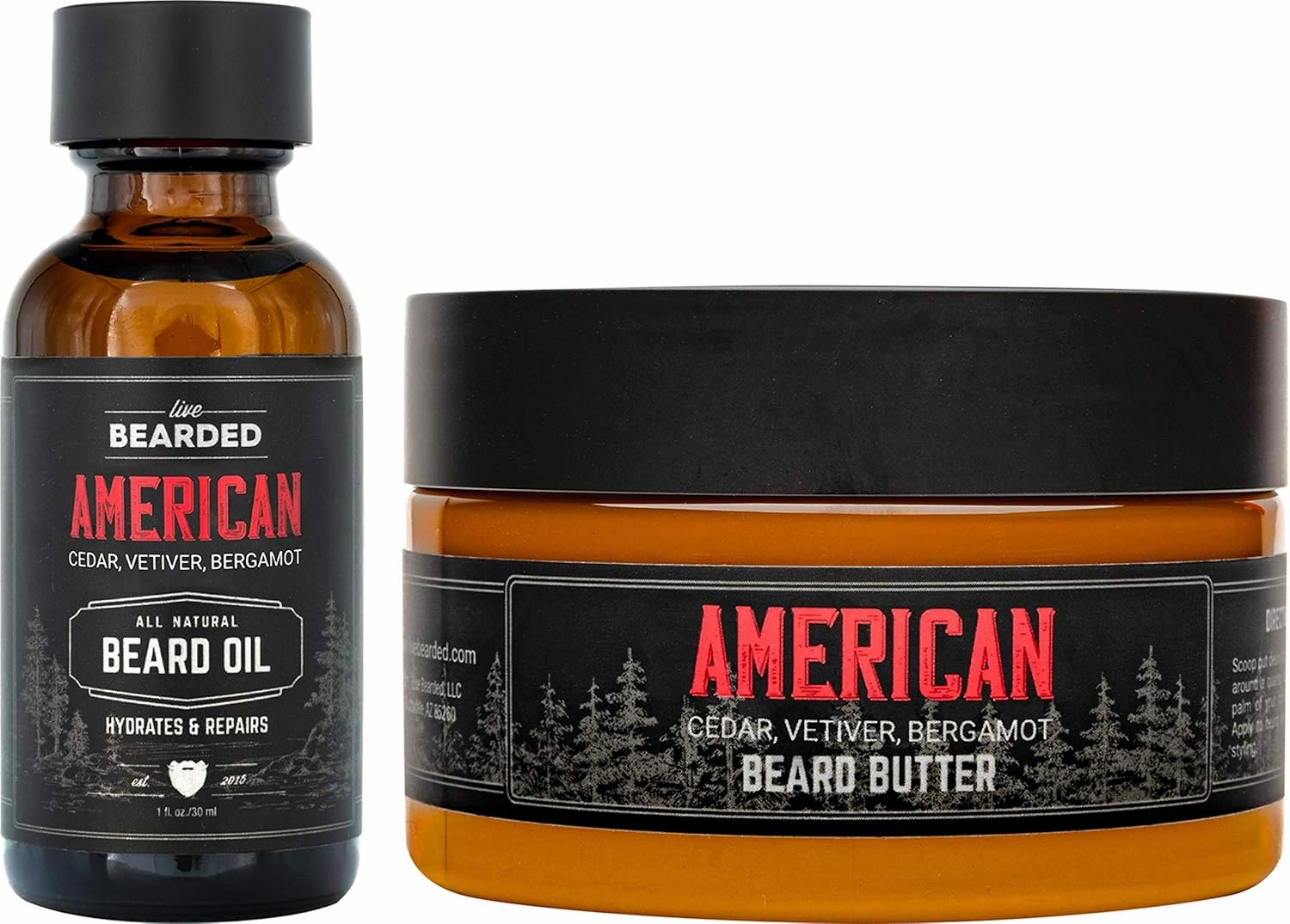 Live Bearded Beard Oil and Butter Grooming Kit - Made in the USA - All-Natural Ingredients with Shea, Argan, Jojoba - Growth Support | American Scent - Cedar, Vetiver, Bergamont