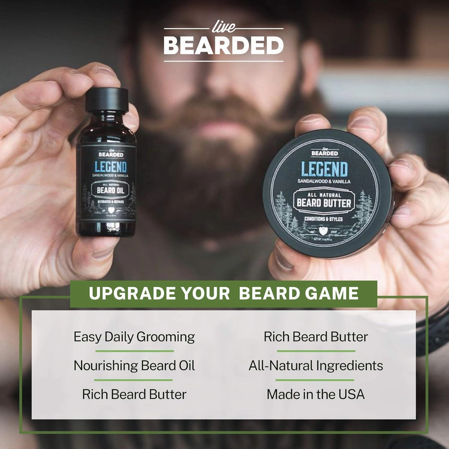 Live Bearded Beard Oil and Butter Grooming Kit - Made in the USA - All-Natural Ingredients with Shea, Argan, Jojoba - Growth Support | American Scent - Cedar, Vetiver, Bergamont