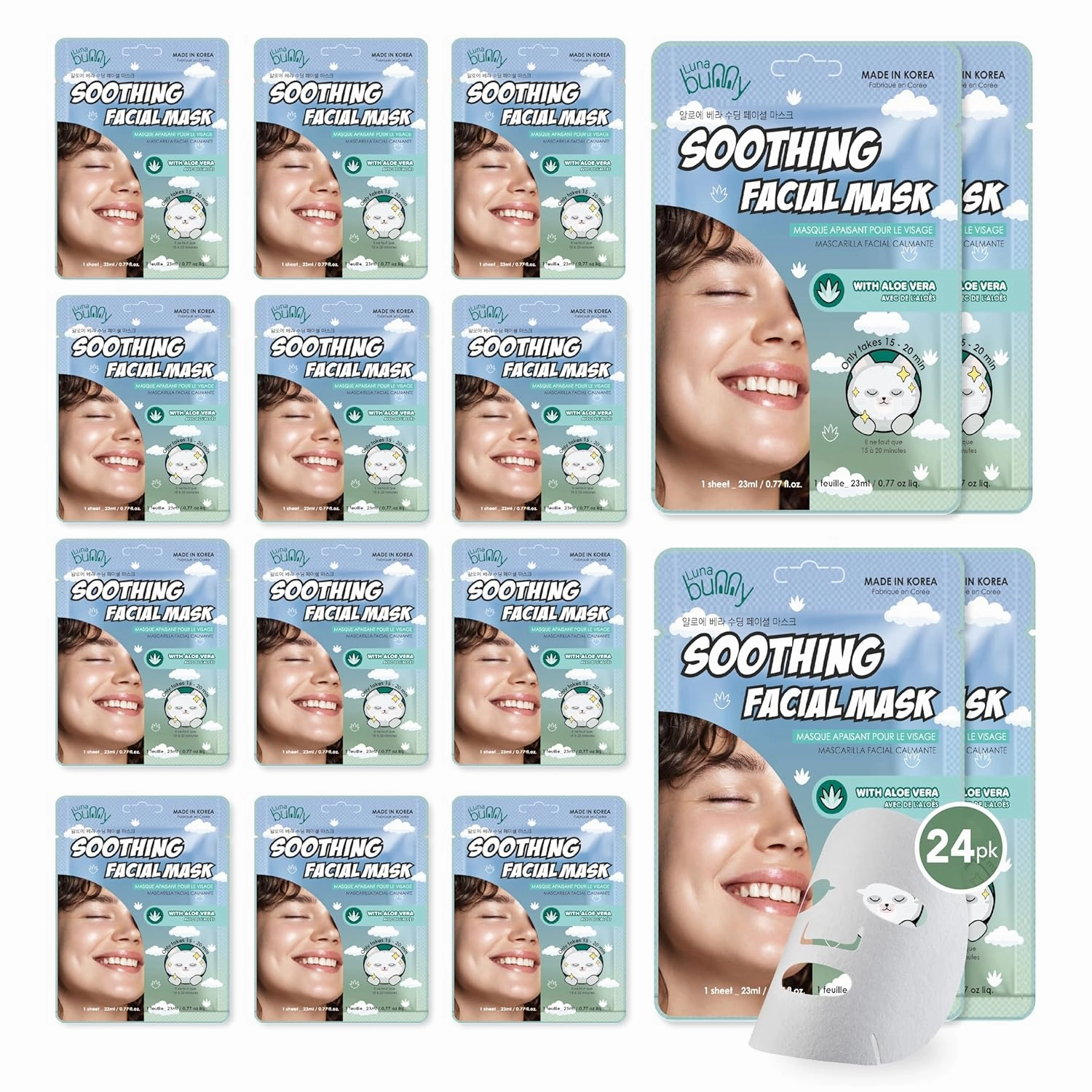 Luna Bunny 24PK Facial Sheet Mask, Brightening, Nourishing & Hydrating Korean Skincare for Self Care, Home Spa with Aloe, Coconut, Vitamin & Hyaluronic (Aloe Vera)