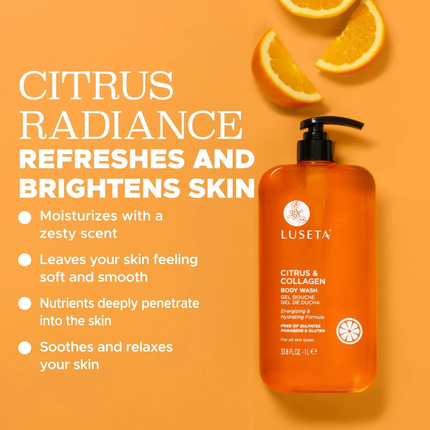 Luseta Citrus & Collagen Body Wash Nourishing & Refreshing Cleanser Enhances Skin Elasticity & Hydration Suitable for All Skin Types 33.8oz