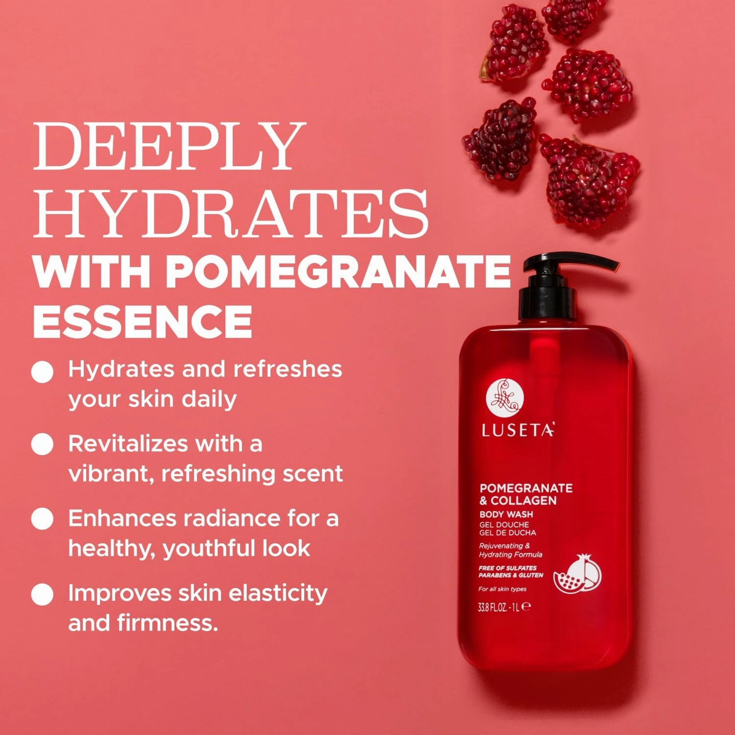 Luseta Pomegranate & Collagen Body Wash Rejuvenating Shower Gel Body Cleanser for All Skin Types Moisturizing and Hydrating Dry Skin 33.8oz
