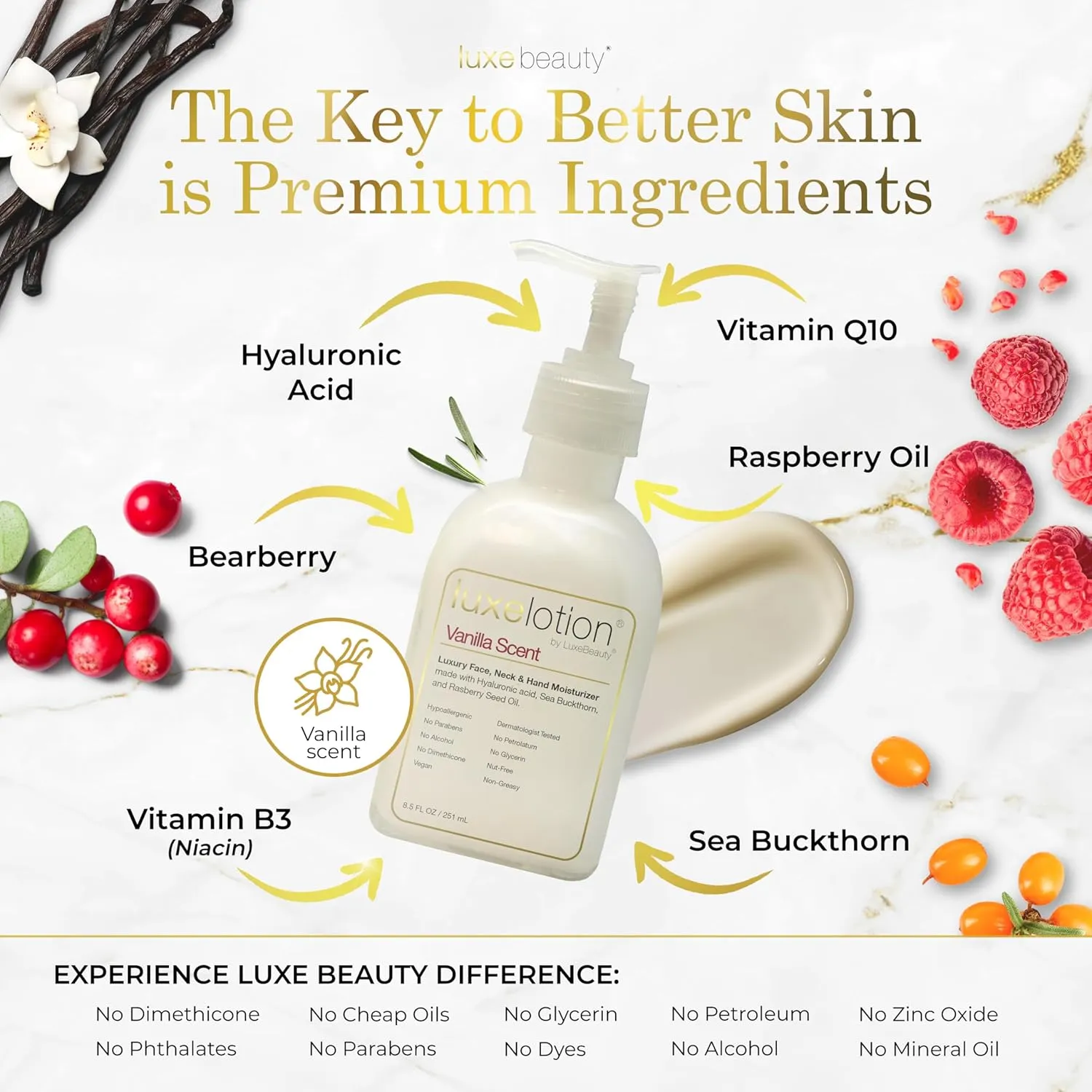 Luxe Beauty Non Greasy & Hyaluronic Acid Moisturizer for Face, Neck & Hands – Anti Aging Body Lotion & Non Toxic Body Lotion - Vanilla Body Lotion w/Silicone-Free, Organic & Plant-Based Ingredients