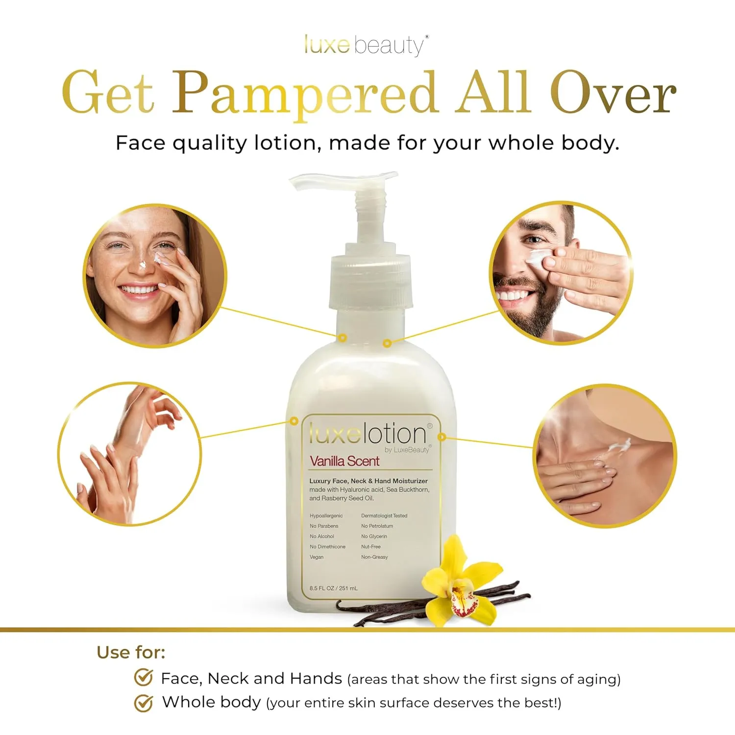 Luxe Beauty Non Greasy & Hyaluronic Acid Moisturizer for Face, Neck & Hands – Anti Aging Body Lotion & Non Toxic Body Lotion - Vanilla Body Lotion w/Silicone-Free, Organic & Plant-Based Ingredients