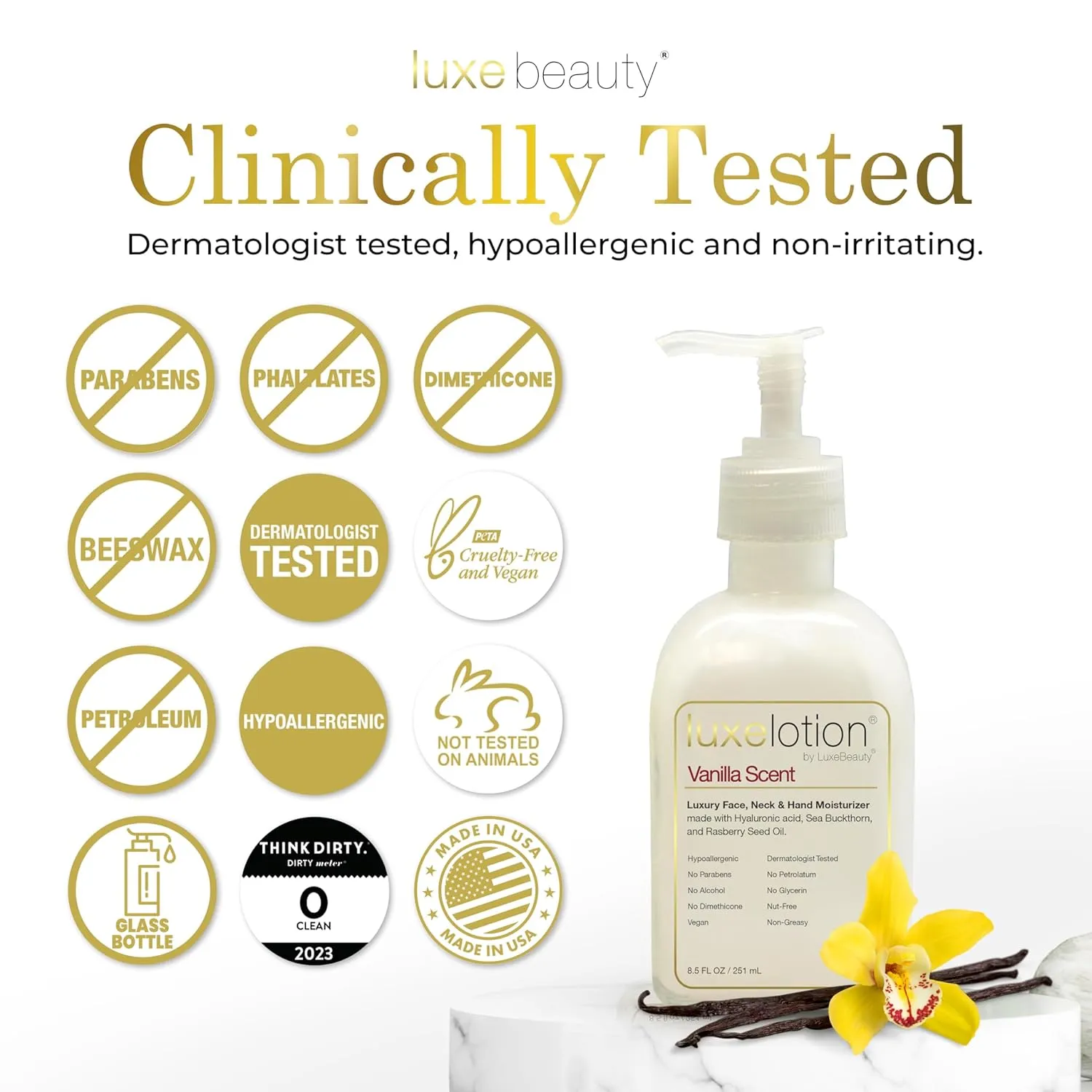 Luxe Beauty Non Greasy & Hyaluronic Acid Moisturizer for Face, Neck & Hands – Anti Aging Body Lotion & Non Toxic Body Lotion - Vanilla Body Lotion w/Silicone-Free, Organic & Plant-Based Ingredients