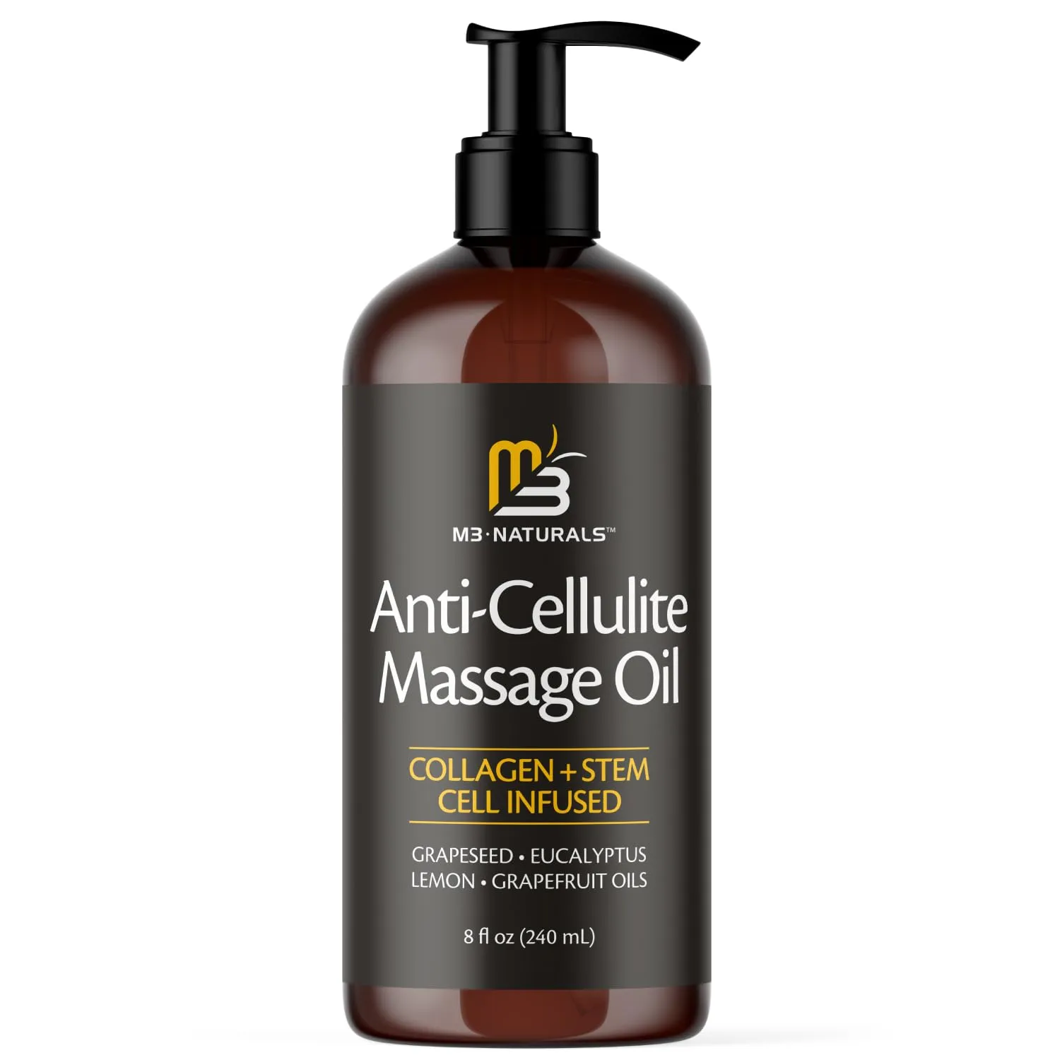M3 Naturals Anti Cellulite Massage Oil and Silicone Body Brush – Collagen and Stem Cell Skin Tightening Formula for Smoothing and Firming – 8 Fl Oz