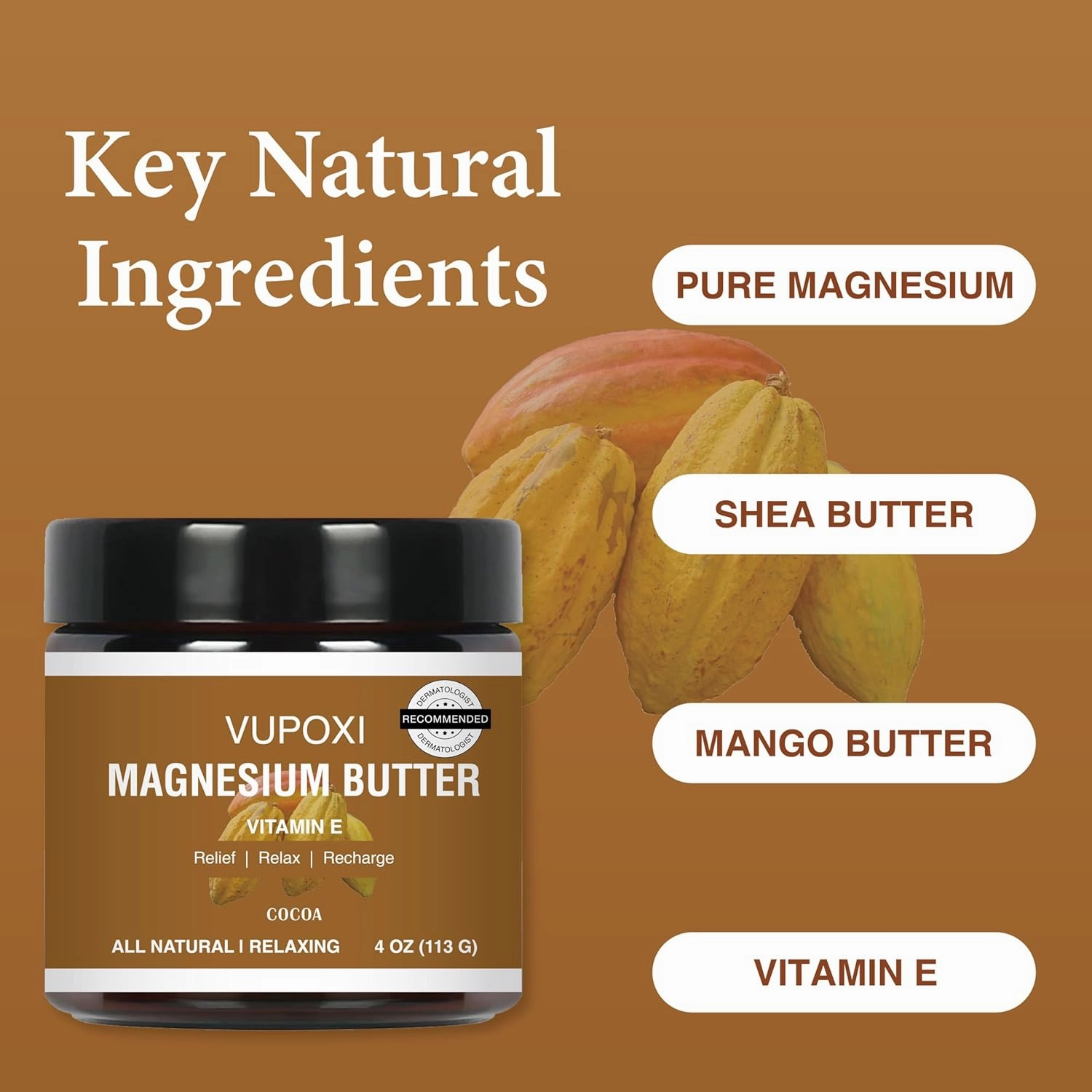 Magnesium Cream for Sleep, Muscle Soreness & Cramps Relief with Jojoba Oil, Vitamin E, Shea Butter - Topical Magnesium Lotion for Calm & Relaxation (4 fl, Cocoa)