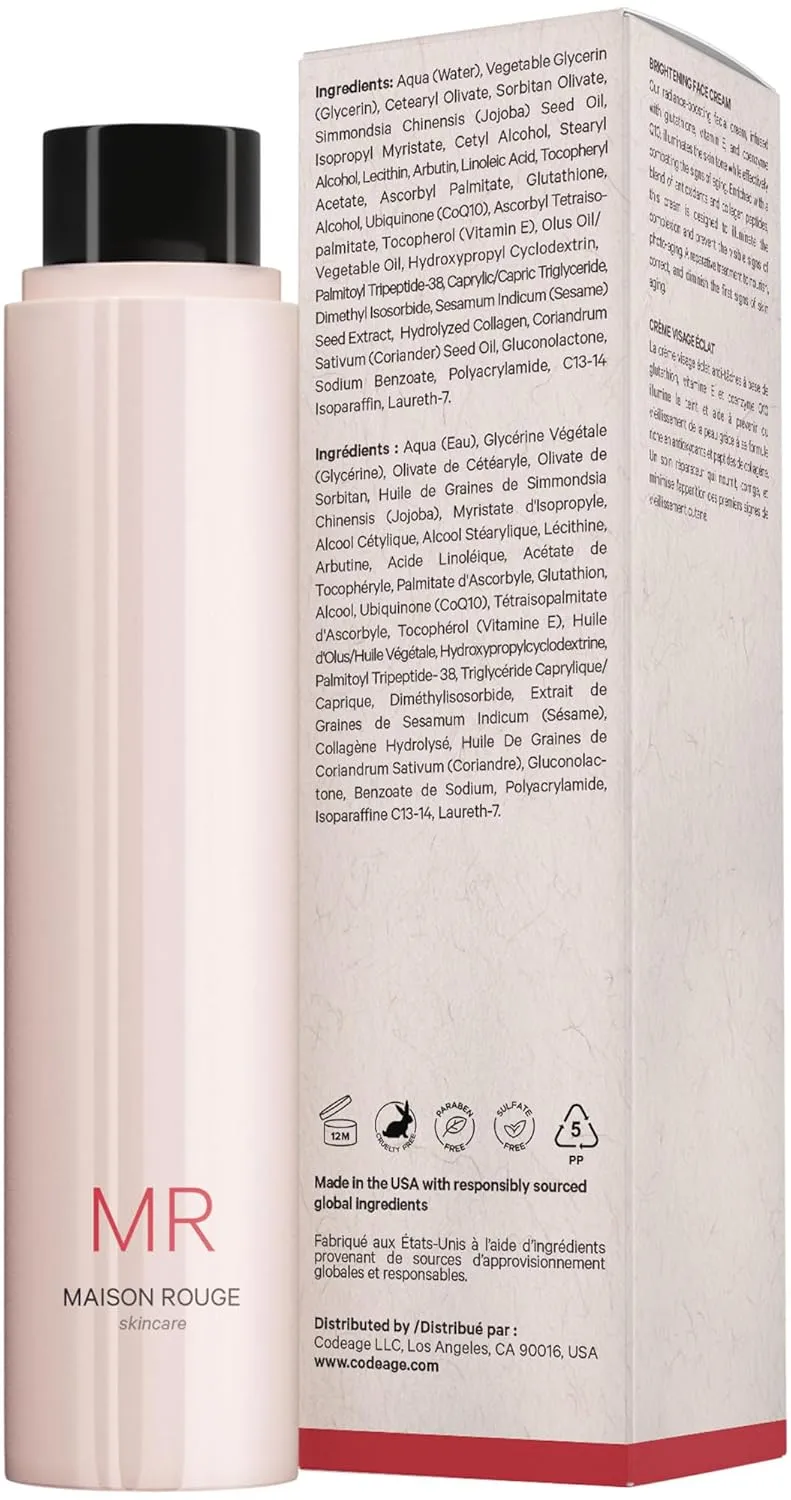 Maison Rouge Brightening Face Cream Refill by Codeage – Glutathione Cream, Collagen Peptides, Vitamin E, CoQ10 – Radiance & Antioxidant Complex – Paraben and Sulfates Free – Skin Care - 1.7 fl oz