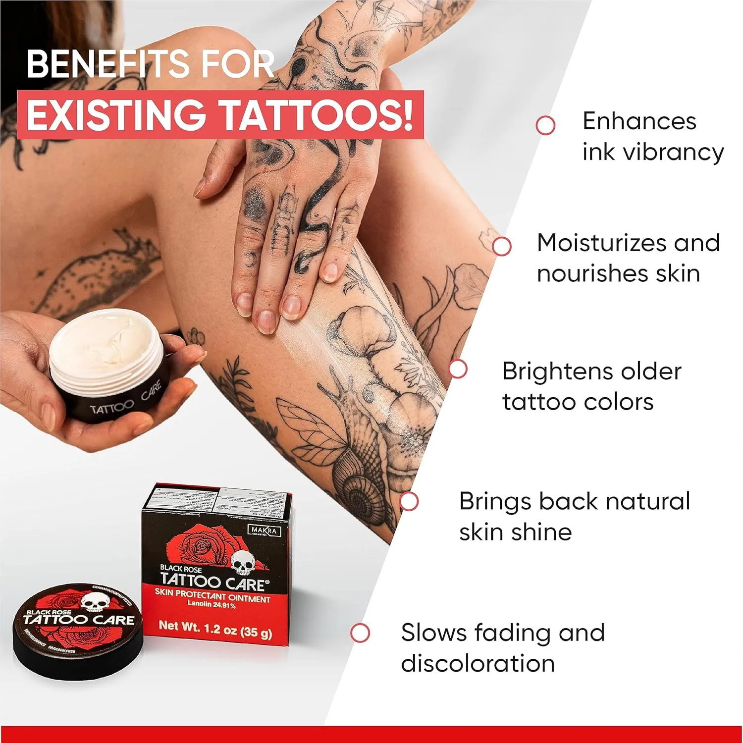 Makra Black Rose – Aftercare & Brightener Ointment - for New & Older Tattoos – Protects and Deeply Moisturizes – Enhances Colors, Prevents Fading, Brings Back Shine - 1.2 Oz/35 g