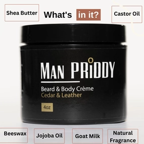 MAN PRIDDY Cedar Leather Beard & Body Crème 4oz – A bold 2-in-1 moisturizer that fuels beard growth and hydrates skin with all-natural, organic ingredients