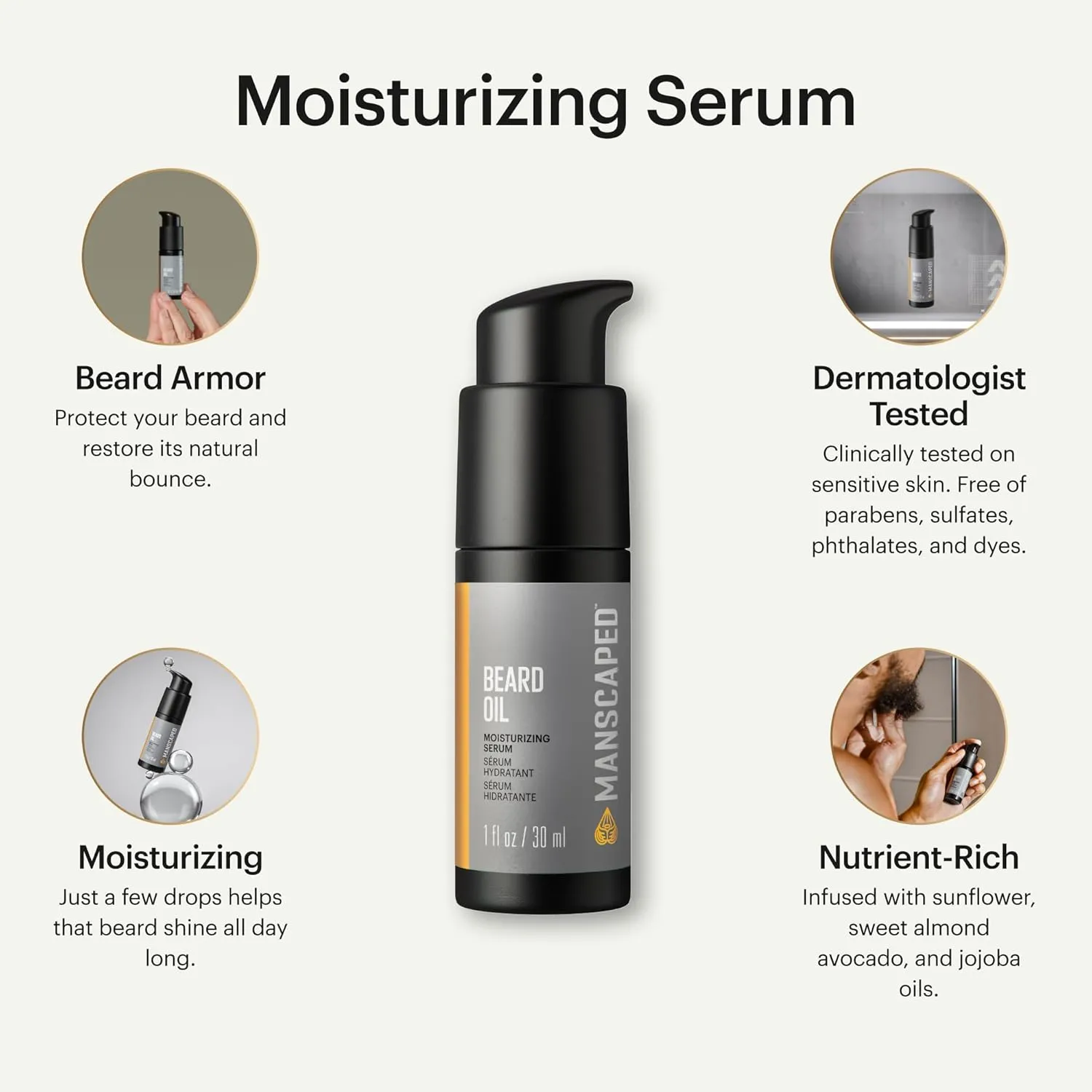 MANSCAPED® Beard Oil, Moisturizing Serum with Jojoba Seed, Sunflower, Sweet Almond Oils for a Nourishing, Hydrating Shine, (1 fl oz) 1-Pack