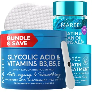 MAREE Bundle - Glycolic Acid Peel Pads, Lip Mask Under Eye Gels - Salicylic Acid, Marine Collagen & Hyaluronic Acid, Coconut Oil - Deep Cleaning Effect, Nourish & Hydrate Dry Lips, De-puff Eyes