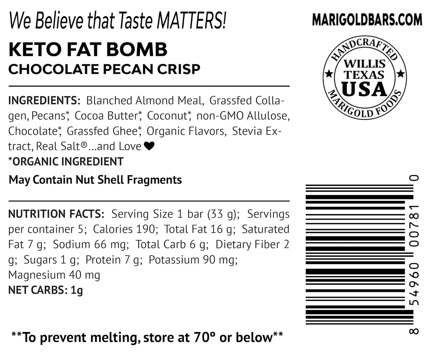 MariGold Keto Fat Bombs - Chocolate Pecan Crisp - Low Carb, Collagen Rich, Grass-fed Ghee, Organic Cocoa Butter, Gluten-Free, Non-GMO (2 bags, 5 Servings each), No Weird Aftertaste