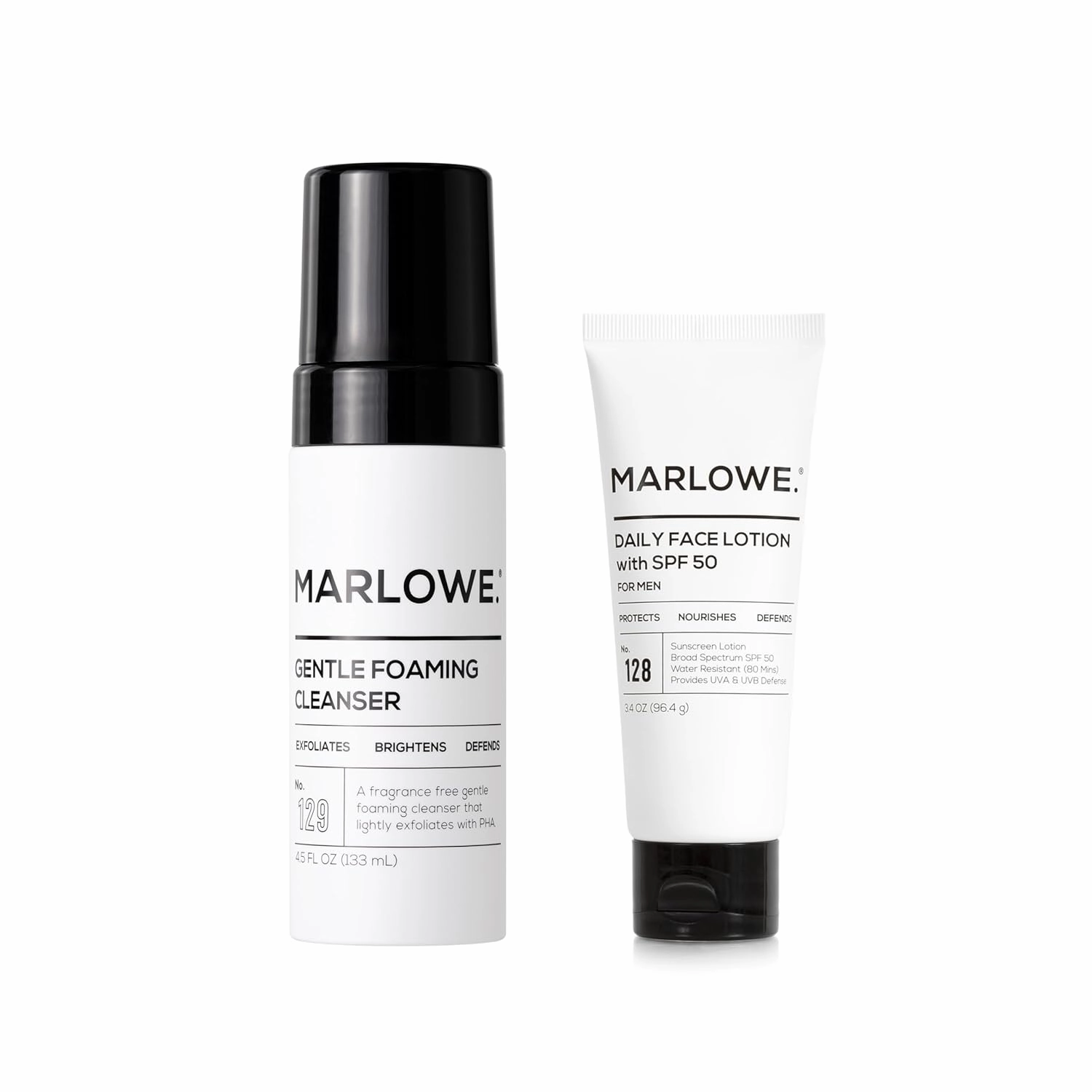 MARLOWE. Face Care Bundle – Foaming Cleanser & SPF 50 Moisturizer – Exfoliating, Hydrating & Protective with Natural Extracts