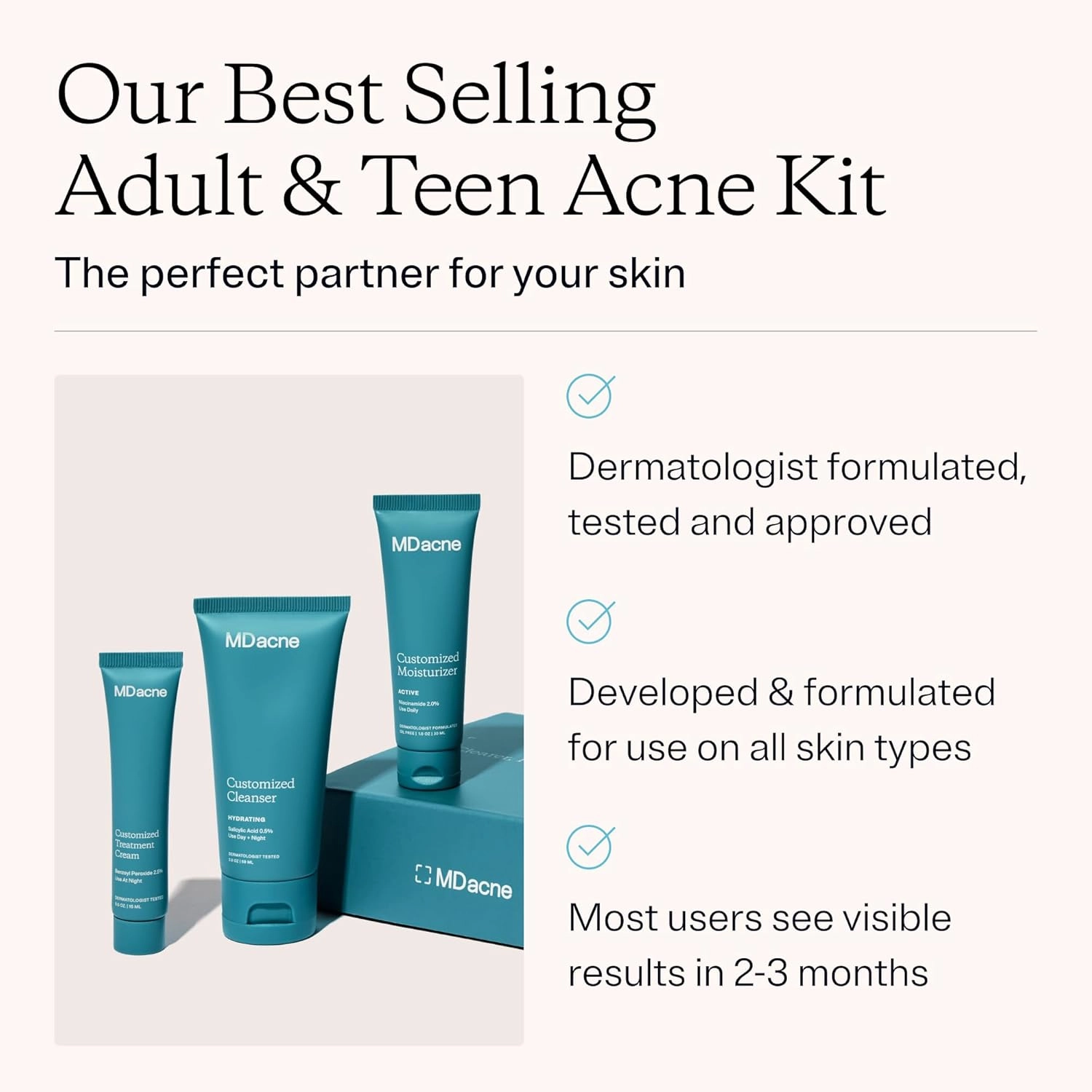 MDacne 3 Step Benzoyl Peroxide Acne Treatment Kit - Benzoyl Peroxide Cream 2.5%, Salicylic Acid Cleanser, Niacinamide Moisturizer – Medicated Plant-Based Kit for Adult & Teen Acne, 30 Day Acne Kit
