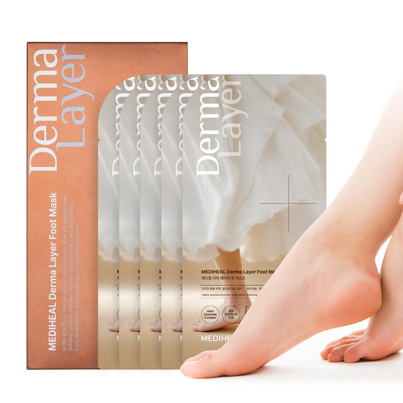MEDIHEAL Derma Layer Foot Mask (5 Packs) for Dry Feet and Toes, Cracked Heels, Calluses Moisture Care with Herbal Ceramides