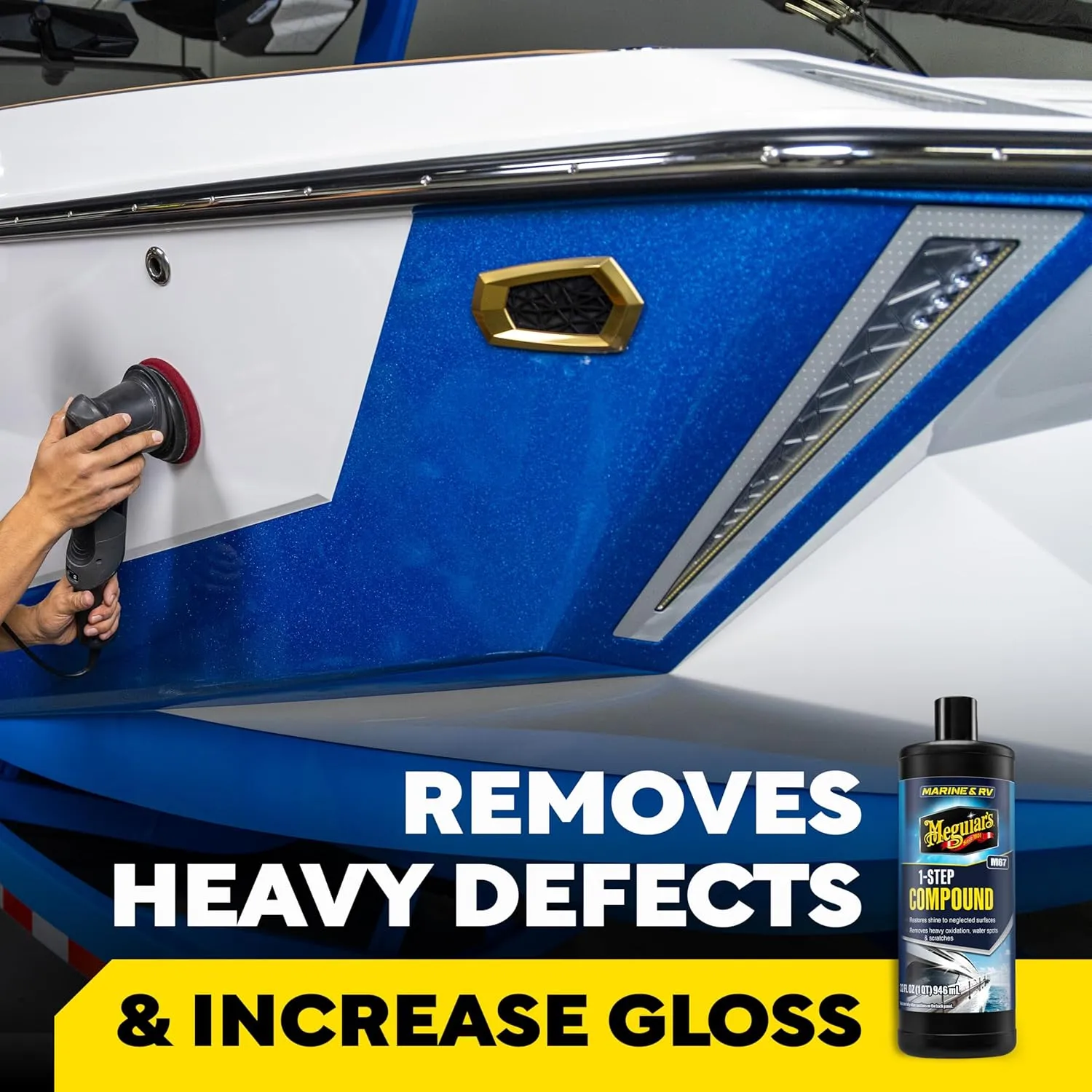 Meguiar's M6732 Marine/RV One Step Compound, Remove Oxidation, Stains, Scratches, and Water Spots, Restore The Color and Shine of Fiberglass Gel Coat Finishes, 32 Oz Bottle