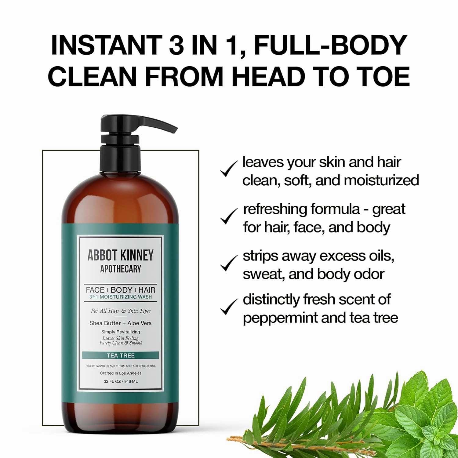 Men's 3-in-1 Wash, Moisturizing Shampoo, Conditioner, and Body Wash for Men, Suitable for All Skin and Hair Types, 32oz (Tea Tree) – 3 Pack