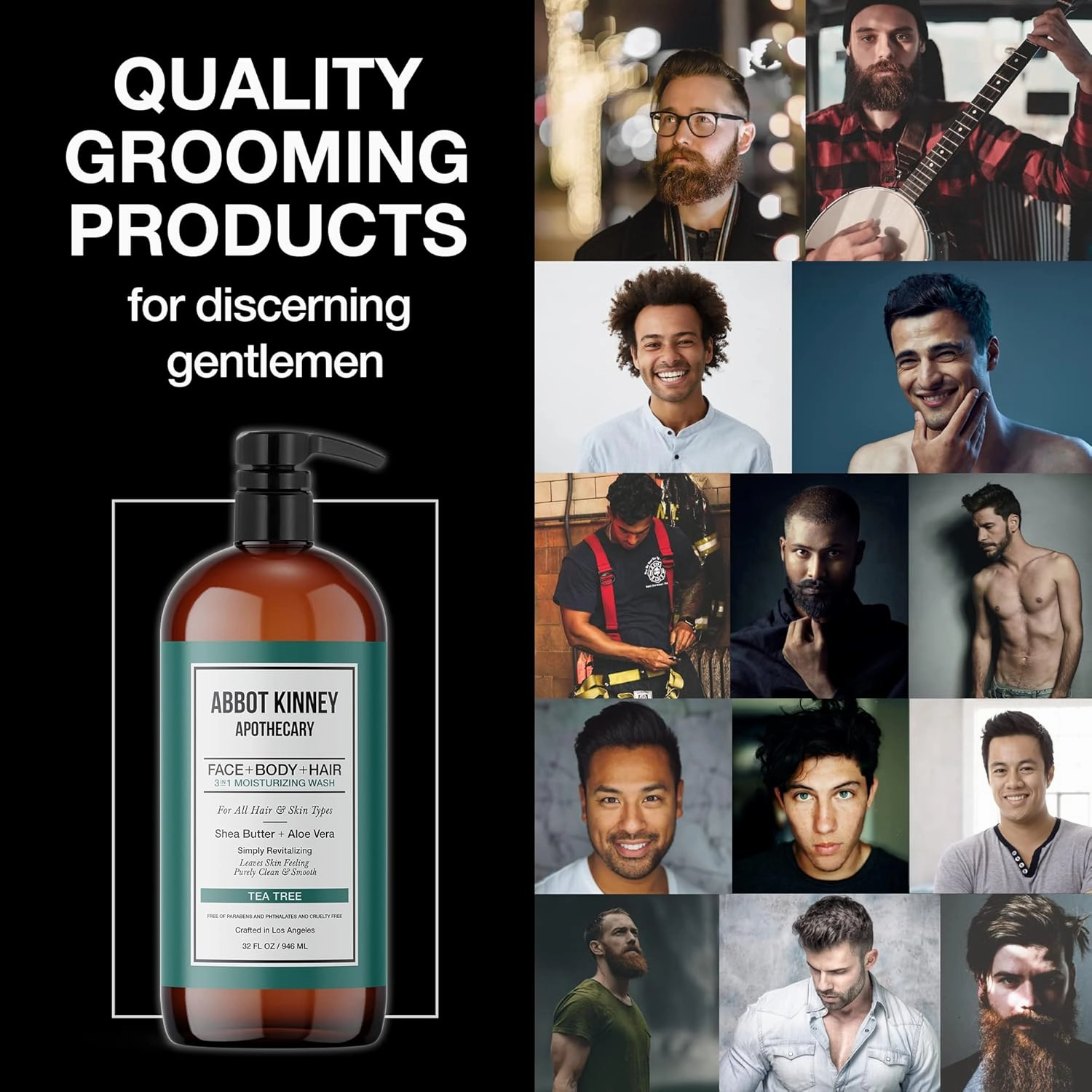 Men's 3-in-1 Wash, Moisturizing Shampoo, Conditioner, and Body Wash for Men, Suitable for All Skin and Hair Types, 32oz (Tea Tree) – 3 Pack