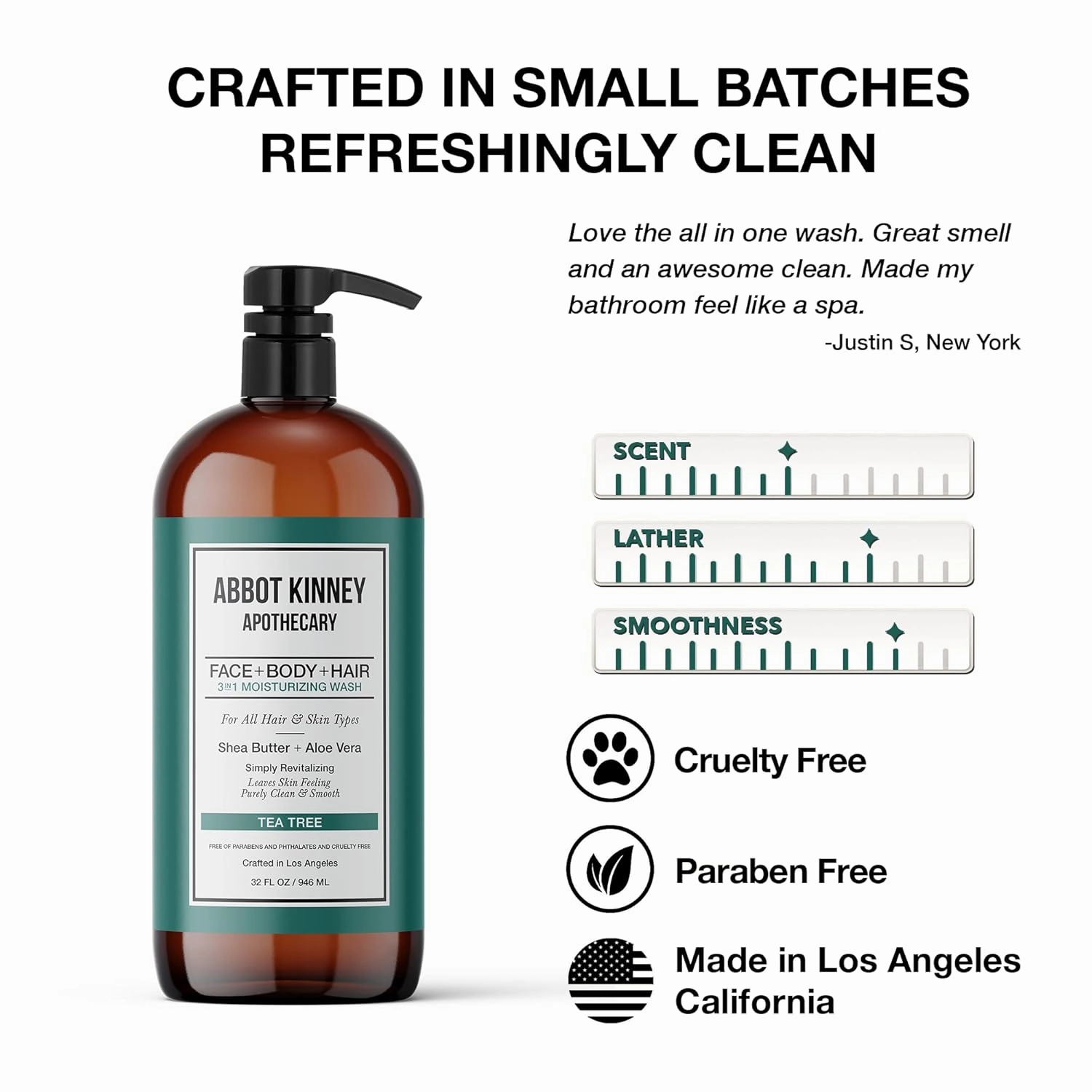 Men's 3-in-1 Wash, Moisturizing Shampoo, Conditioner, and Body Wash for Men, Suitable for All Skin and Hair Types, 32oz (Tea Tree) – 3 Pack