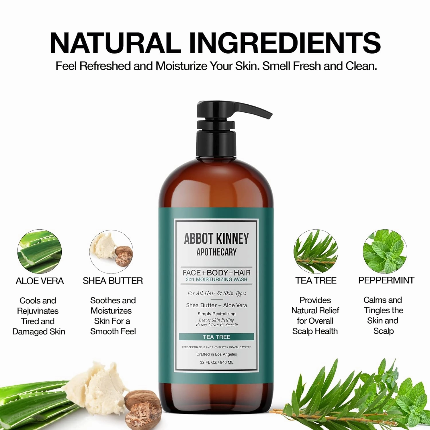 Men's 3-in-1 Wash, Moisturizing Shampoo, Conditioner, and Body Wash for Men, Suitable for All Skin and Hair Types, 32oz (Tea Tree) – 3 Pack