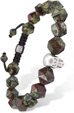 Men's Dumortierite Dragon Blood Jasper Beaded Bracelet with Sterling Silver Skull Charm Adjustable Braided Bracelet 10mm Natural Gemstone Gift for Men 6.1''-7.9''
