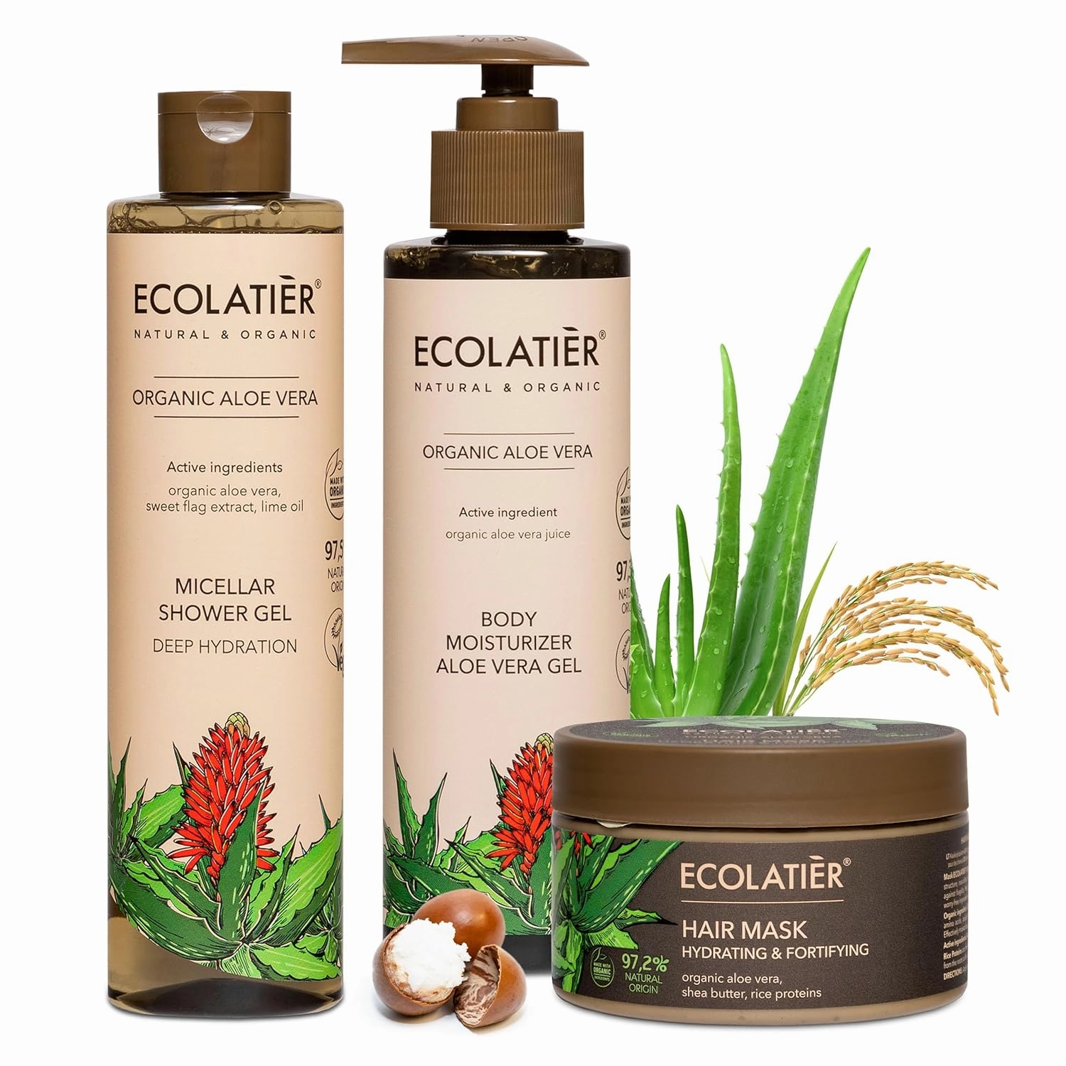 Micellar Shower Gel, Hydrating Hair Mask, and Body Moisturizer Gel Organic Aloe Vera Bundle – Deep Hydration, Nourishment, and Regeneration for Skin & Hair
