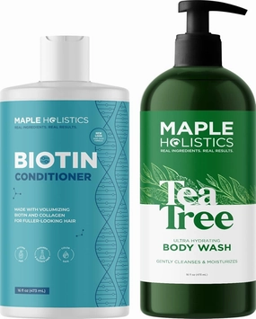 Moisturizing Conditioner and Body Wash Set - Cleansing Biotin Conditioner and Tea Tree Oil Body Wash for Dry Skin and Thinning Hair Care - Sulfate Free Conditioner and Body Soap for Men and Women