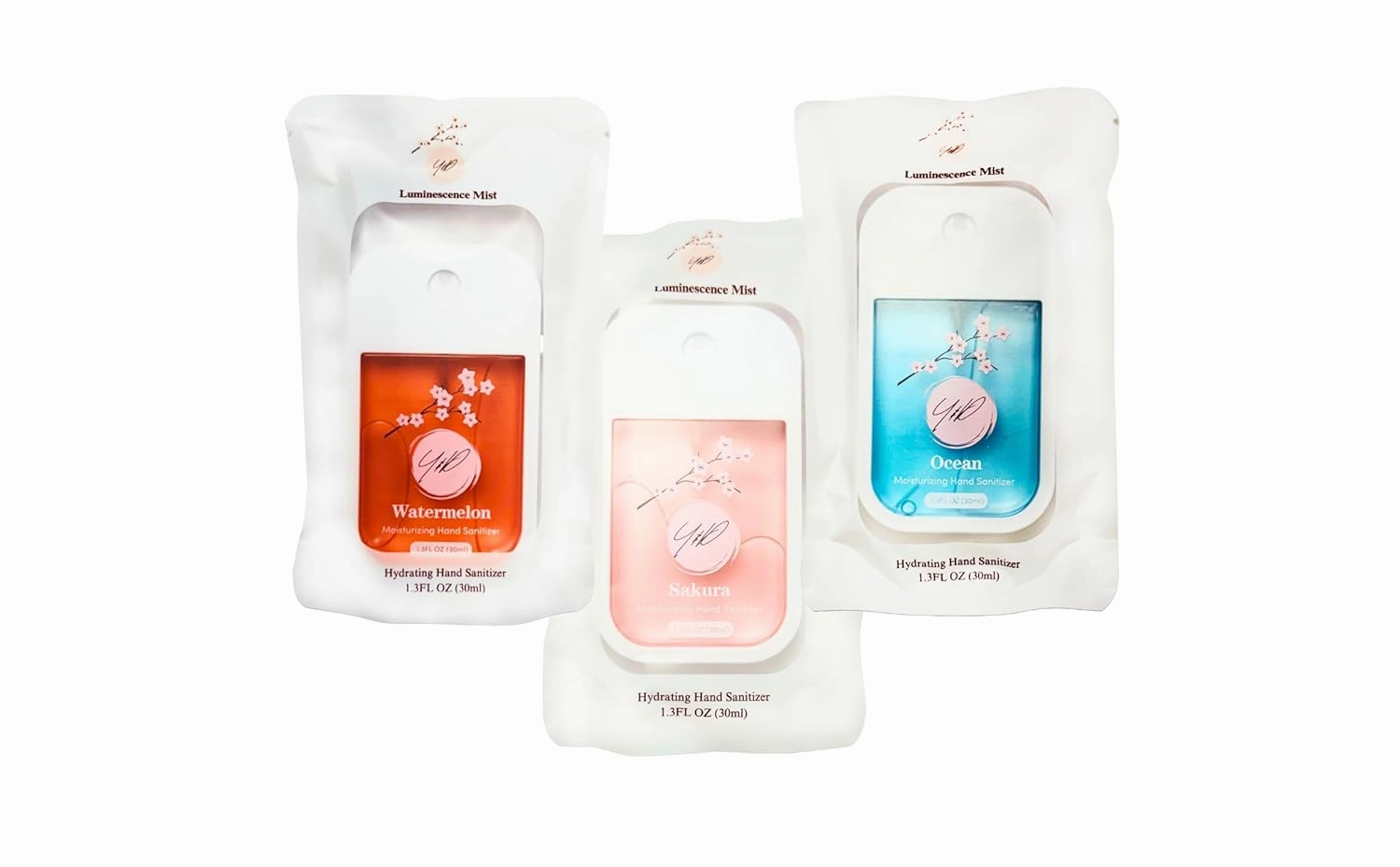 Moisturizing Hand Sanitizer Gift Set –3-Pack 1.3 FL OZ Travel Size – Includes 3 Matching Silicone Cases – Infused with Natural Extracts for Soft & Clean Hands (Watermelon, Sakura, Ocean)