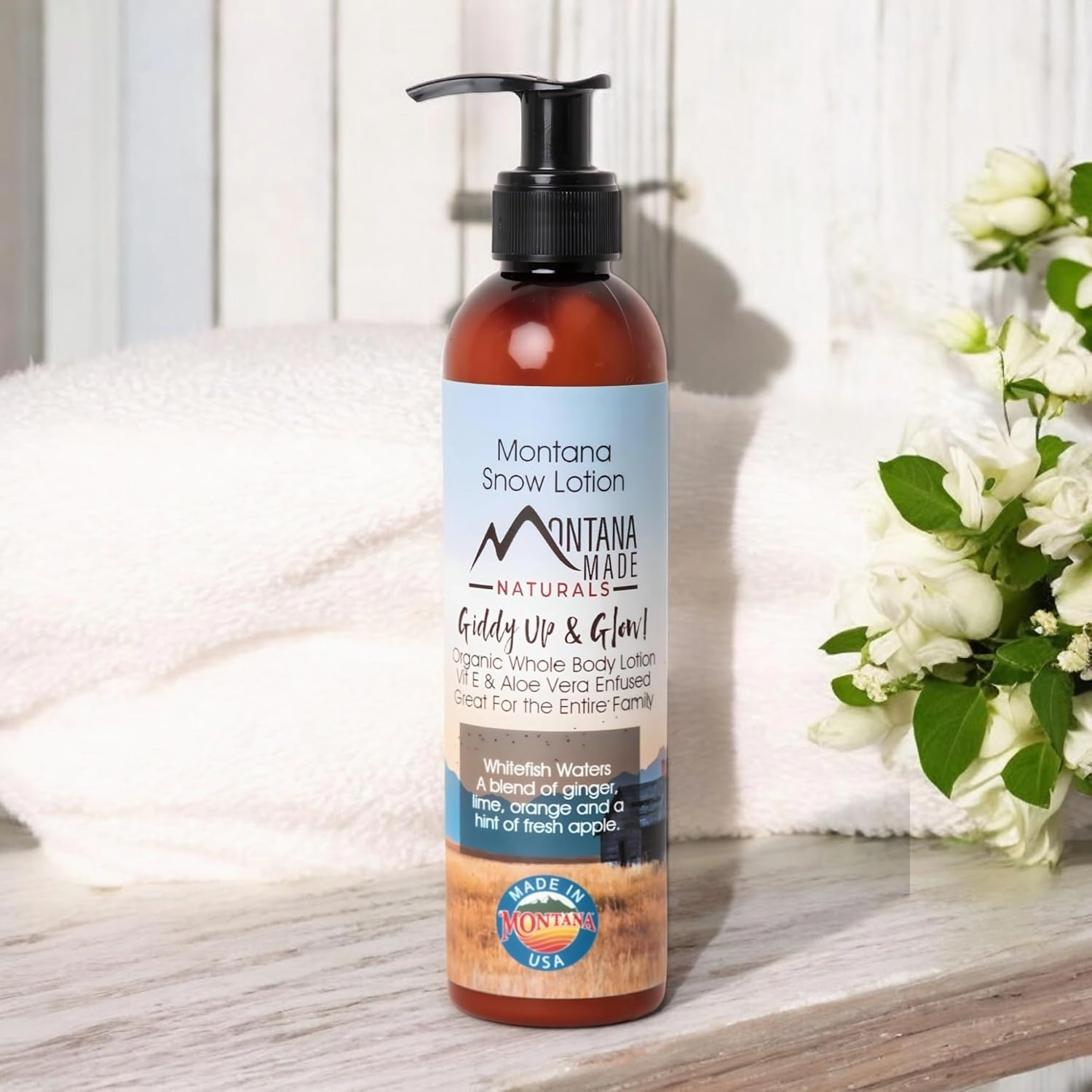 Montana Snow Lotion - Organic handmade hydrating daily moisturizing lotion for extremely dry skin, Shea body lotion, 100% natural non toxic body lotion, Vit E and aloe vera 8oz (Whitefish Waters)