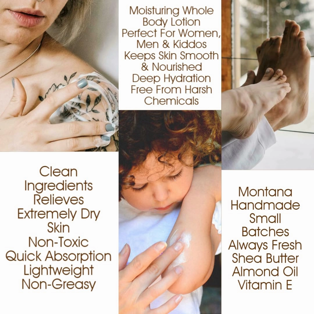 Montana Snow Lotion - Organic handmade hydrating daily moisturizing lotion for extremely dry skin, Shea body lotion, 100% natural non toxic body lotion, Vit E and aloe vera 8oz (Whitefish Waters)