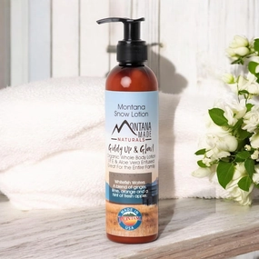 Montana Snow Lotion - Organic handmade hydrating daily moisturizing lotion for extremely dry skin, Shea body lotion, 100% natural non toxic body lotion, Vit E and aloe vera 8oz (Whitefish Waters)