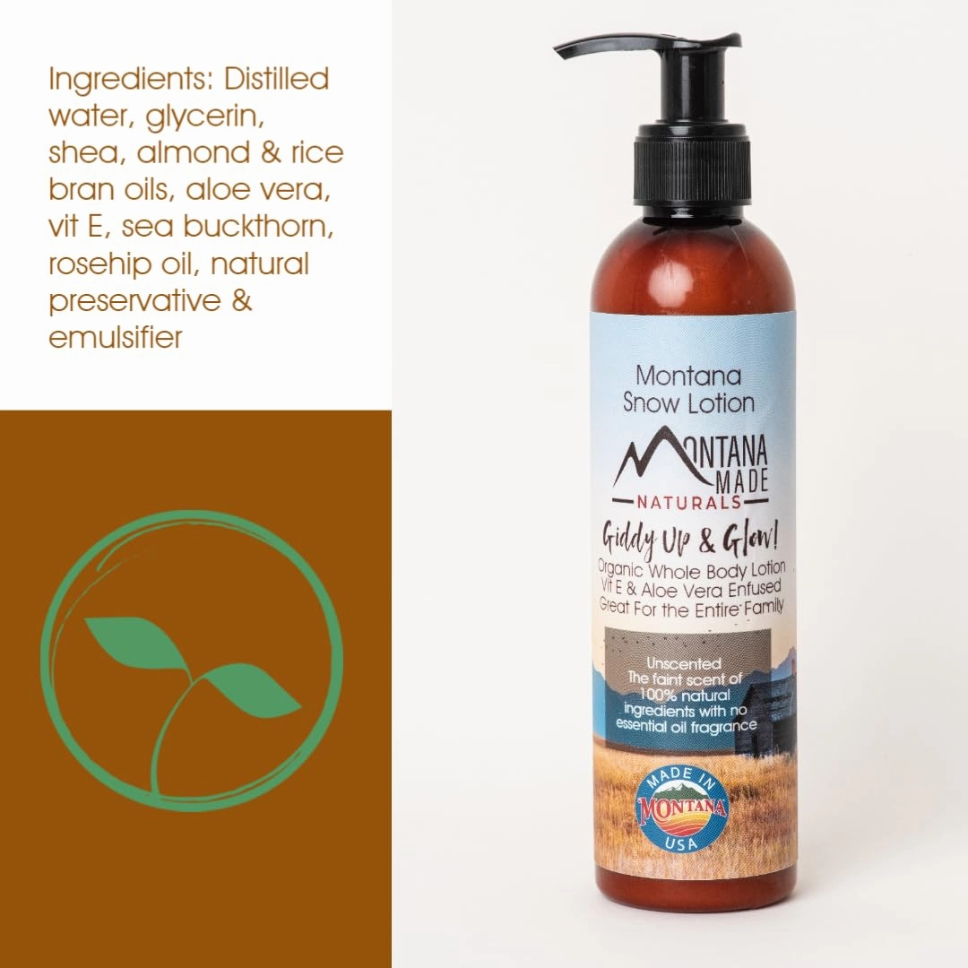 Montana Snow Lotion - Organic handmade hydrating daily moisturizing lotion for extremely dry skin, Shea body lotion, 100% natural non toxic body lotion, Vit E and aloe vera 8oz (Whitefish Waters)