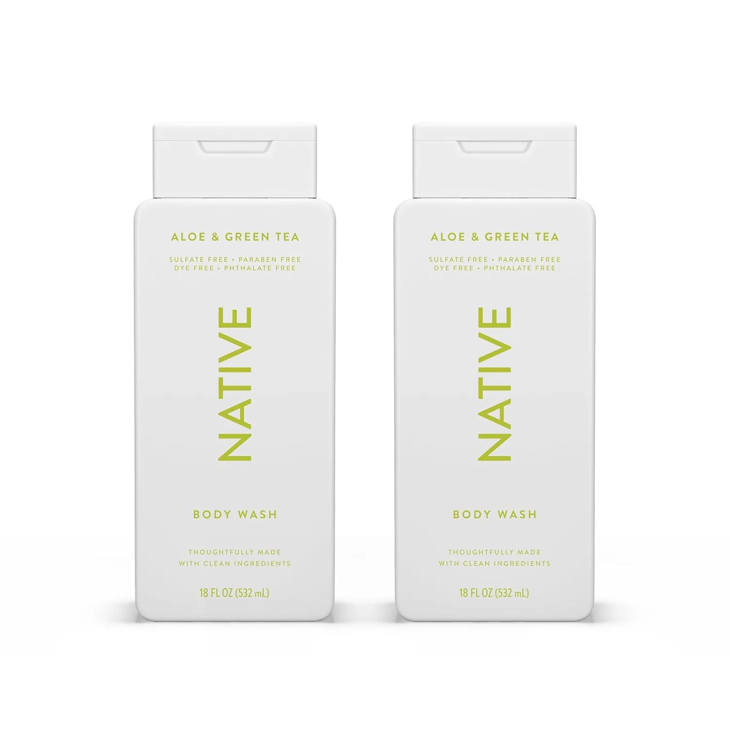 Native Body Wash Contains Naturally Derived Ingredients | For Women & Men, Sulfate, Paraben, & Dye Free Leaving Skin Soft and Hydrating |Aloe & Green Tea 18 oz - 2 Pk