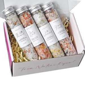 Natural Bath Salt Gift Set – 4-Pack Relaxing Soaks with Himalayan Pink Salt, Sea Salt, Essential Oils, Jojoba Oil & Dried Flowers – Spa Gift for Women & Self Care
