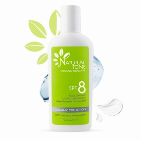 Natural Tone Organic Skincare SPF8 Broad Spectrum Mineral Sunscreen, Soothing and Hydrating, Vegan, Paraben-Free, Water-Resistant for Face and Body, 6oz