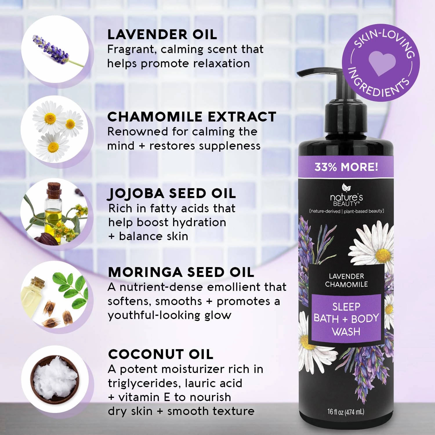 Nature's Beauty Lavender Chamomile Sleep Body Wash for Women Multi-Pack- Gentle Bath   Body Cleanser, Sooth and Calm Combination to Dry Skin Made w/Coconut, Jojoba   Moringa Seed Oils 16floz (1 Pack)