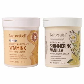 NATURE WELL Clinical Vitamin C & Shimmering Vanilla Moisturizing Cream Bundle for Face, Body, & Hands, Nourish & Glow, Brighten & Smooth, Provides Intense Hydration For Dry & Dull Skin, 16 Oz Each