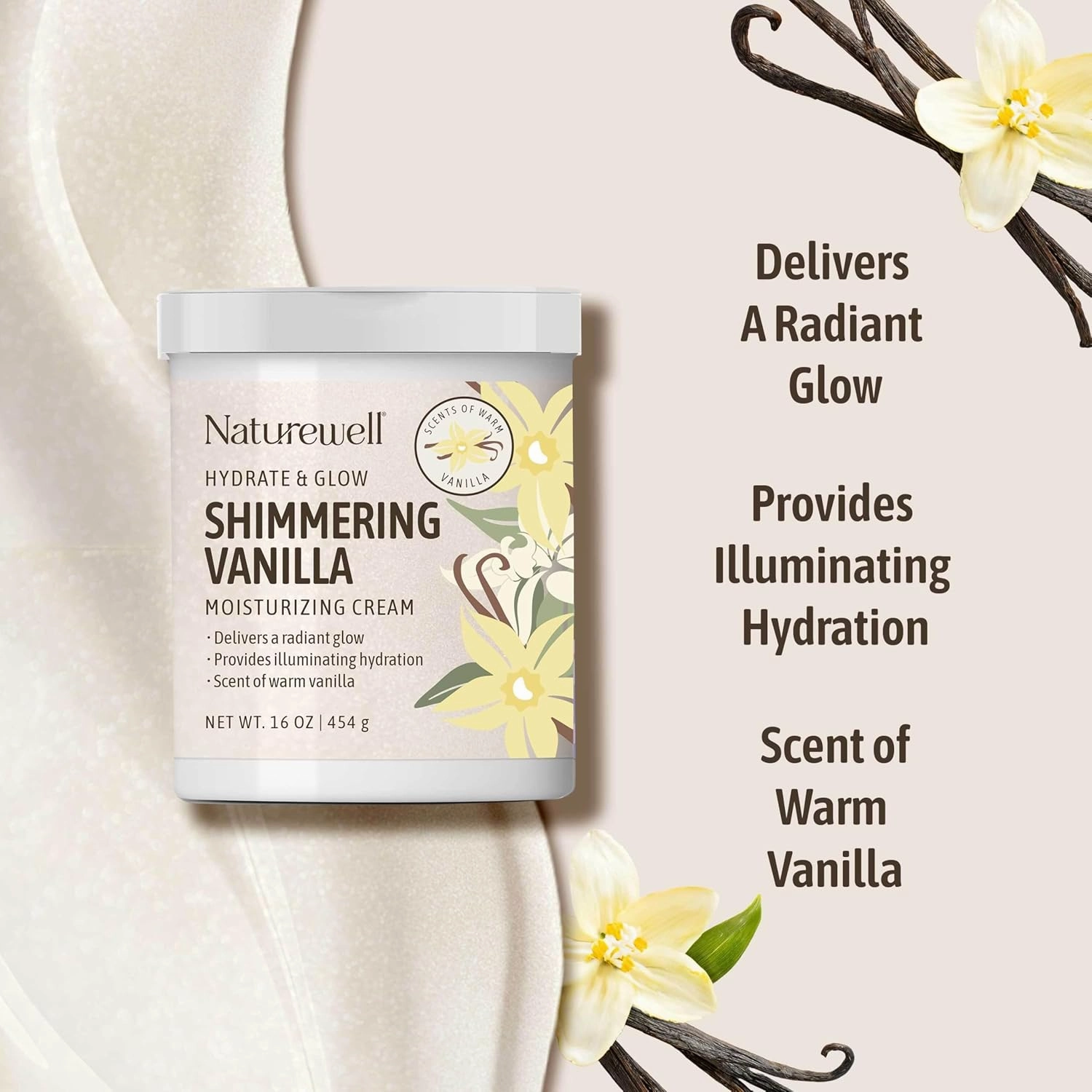 NATURE WELL Shimmering Vanilla Hydrate & Glow Moisturizing Cream For Face & Body, Intensely Nourishing & Softening, Delivers A Sparkling Radiance & Illuminating Hydration, Warm Vanilla Scent, 16 Oz