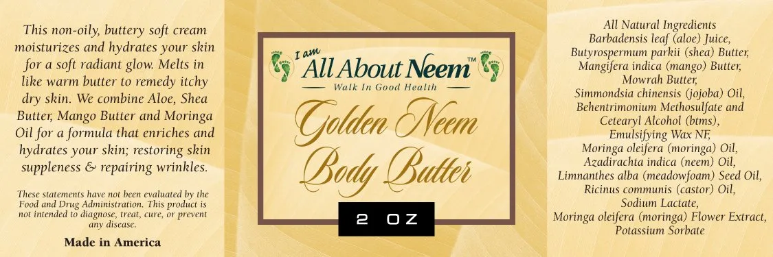 Neem Oil "Golden Body Butter" Organic with Hemp, Moringa, Mango, Mowrah & Shea Butters 8 Oz Jar Hydrating Neem Skin Cream