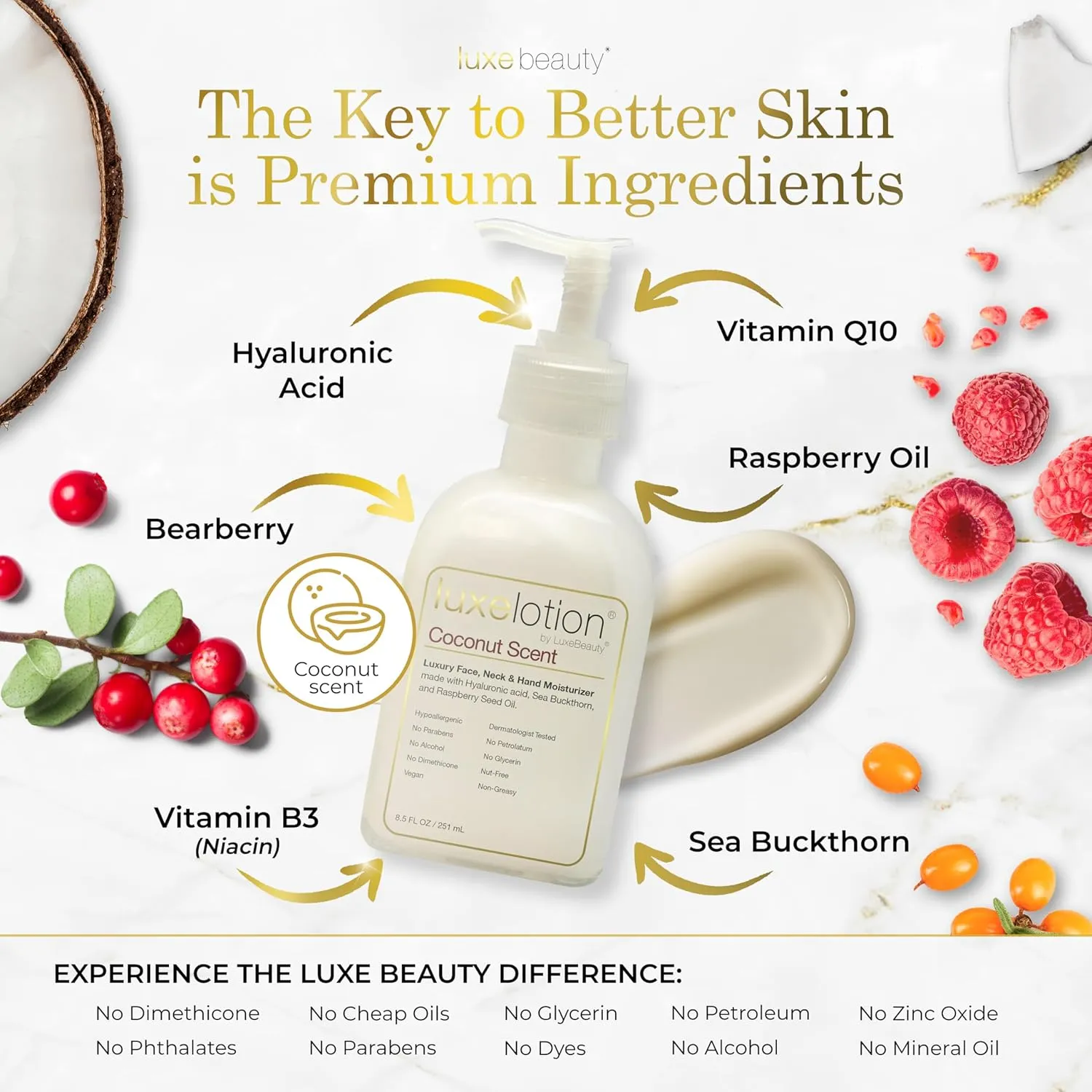 Non-Greasy Hyaluronic Acid Moisturizer for Face, Neck & Hands – Coconut Scented Lotion -Anti Aging Hyaluronic Acid Body Lotion - Hyaluronic Acid for Body with Organic & Plant Based Ingredients