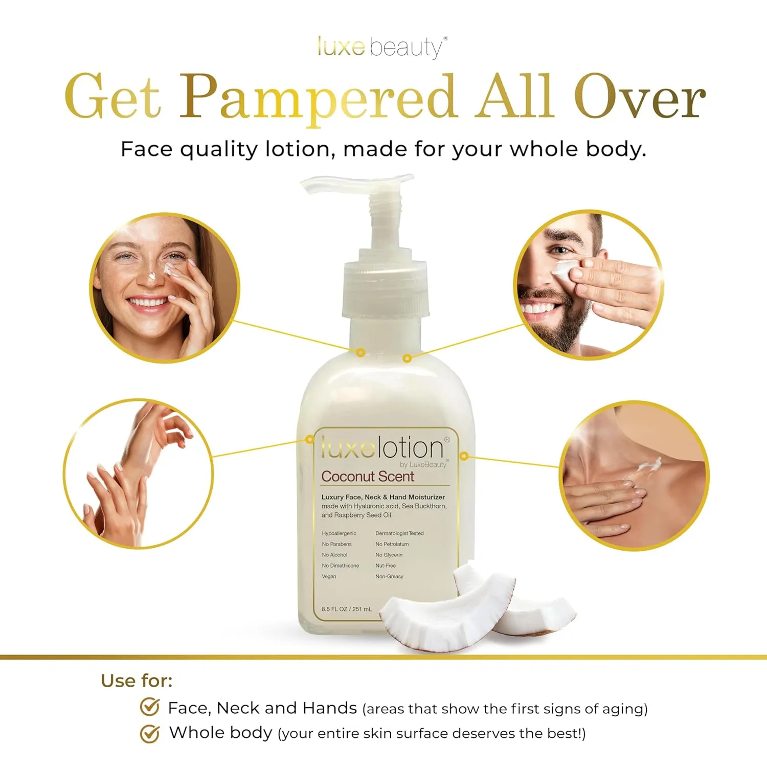 Non-Greasy Hyaluronic Acid Moisturizer for Face, Neck & Hands – Coconut Scented Lotion -Anti Aging Hyaluronic Acid Body Lotion - Hyaluronic Acid for Body with Organic & Plant Based Ingredients