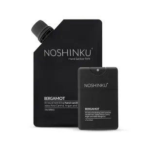 Noshinku Bergamot Pocket Hand Sanitizer Refill Kit: Refill Pouch   Sprayer Bundle | Organic Antibacterial Sanitizing Mist with Moisturizing Oils | FDA Registered | 70% Sugarcane Derived Alcohol
